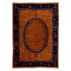 Antique Art Deco Chinese Nichols Style Rug - Mandarin Orange & Indigo 10x14