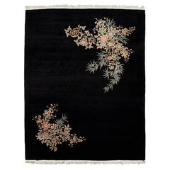 Antique Art Deco Chinese Nichols Style Rug with Floral Sprays on Jet Black Field