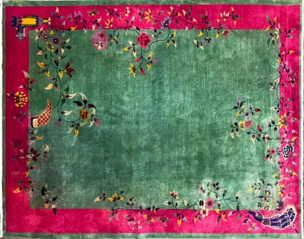 This Rug is in good condition with some low pile areas, the ends and sides of the rug are intact as original. There are no tears, breaks or holes.
The materials are from vegetable dyes wool pile over cotton foundation. The pattern is floral in deco