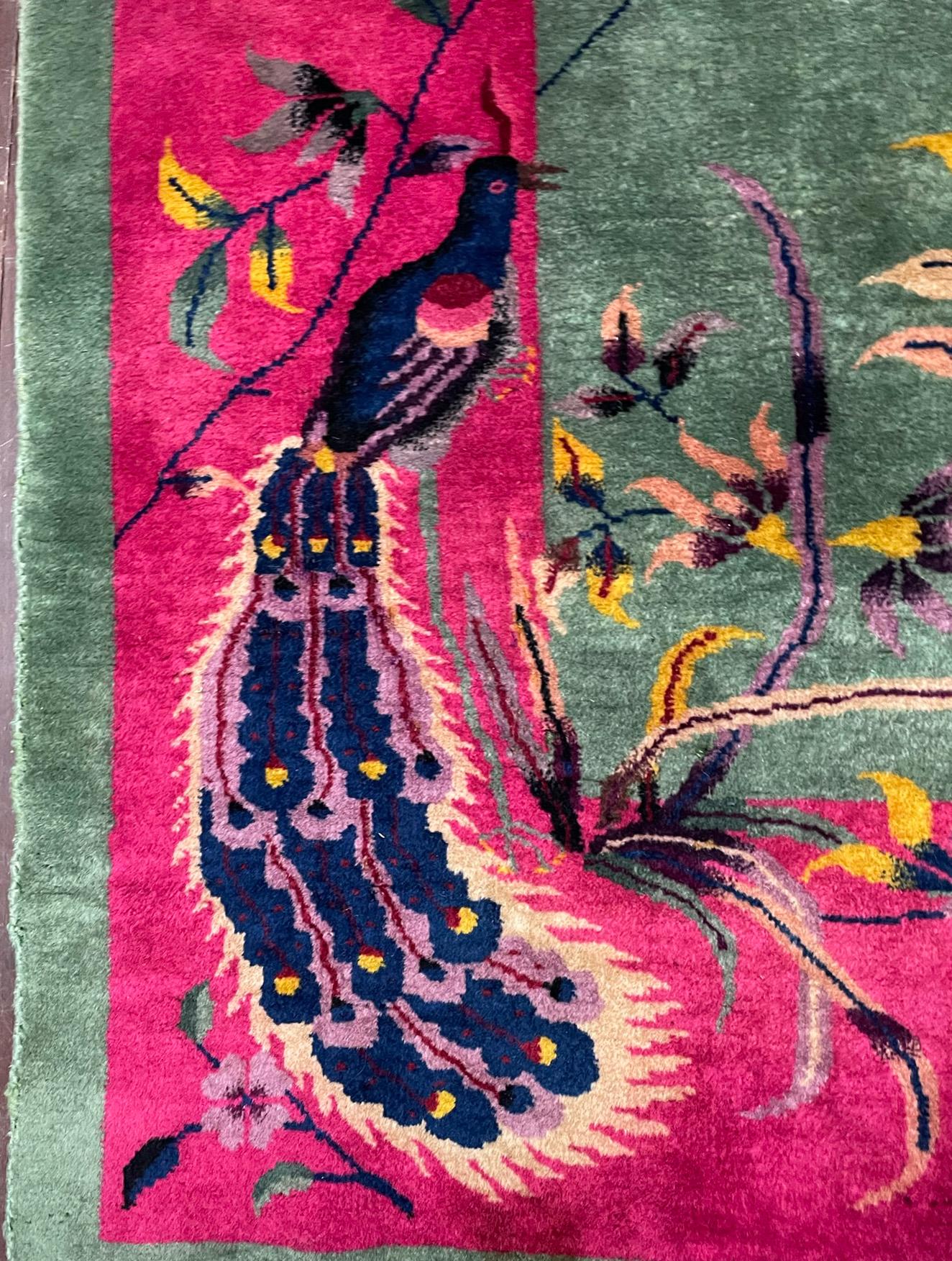Antique Art Deco Chinese Oriental Carpet, Bird of Happiness In Good Condition In Evanston, IL