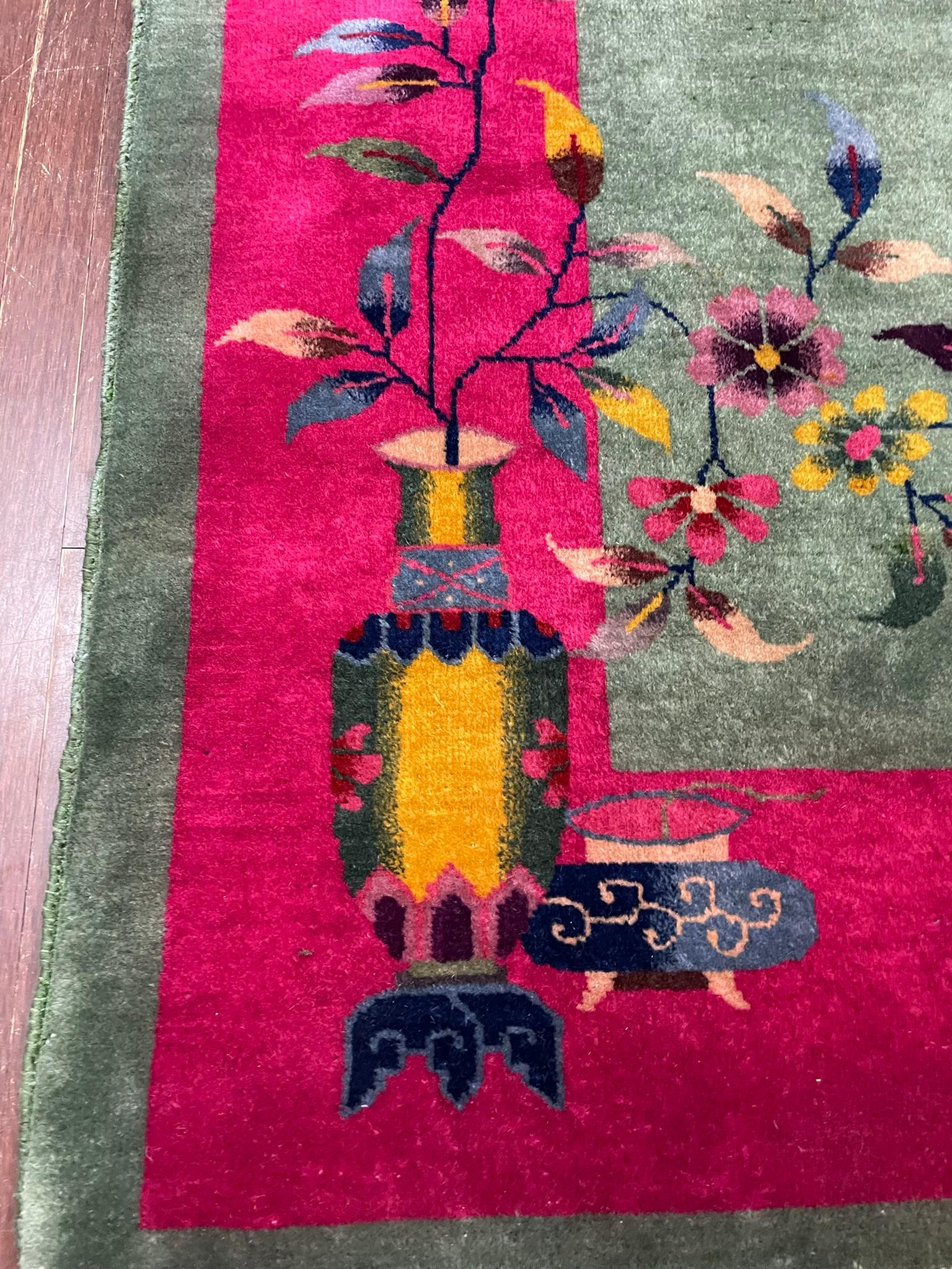 Antique Art Deco Chinese Oriental Carpet, Bird of Happiness 1