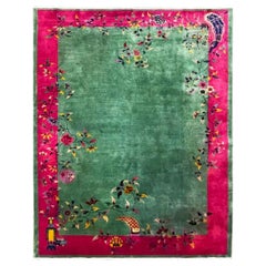 Antique Art Deco Chinese Oriental Carpet, Bird of Happiness