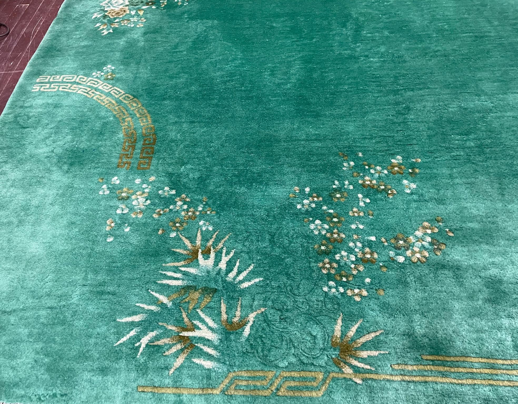 Tapis oriental chinois Art Déco ancien, vert 7'10