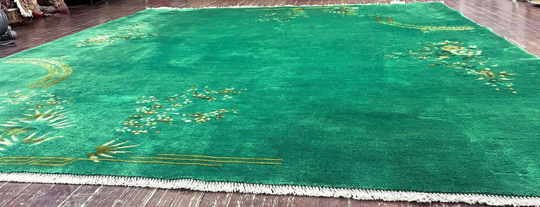 Tapis oriental chinois Art Déco ancien, vert 7'10