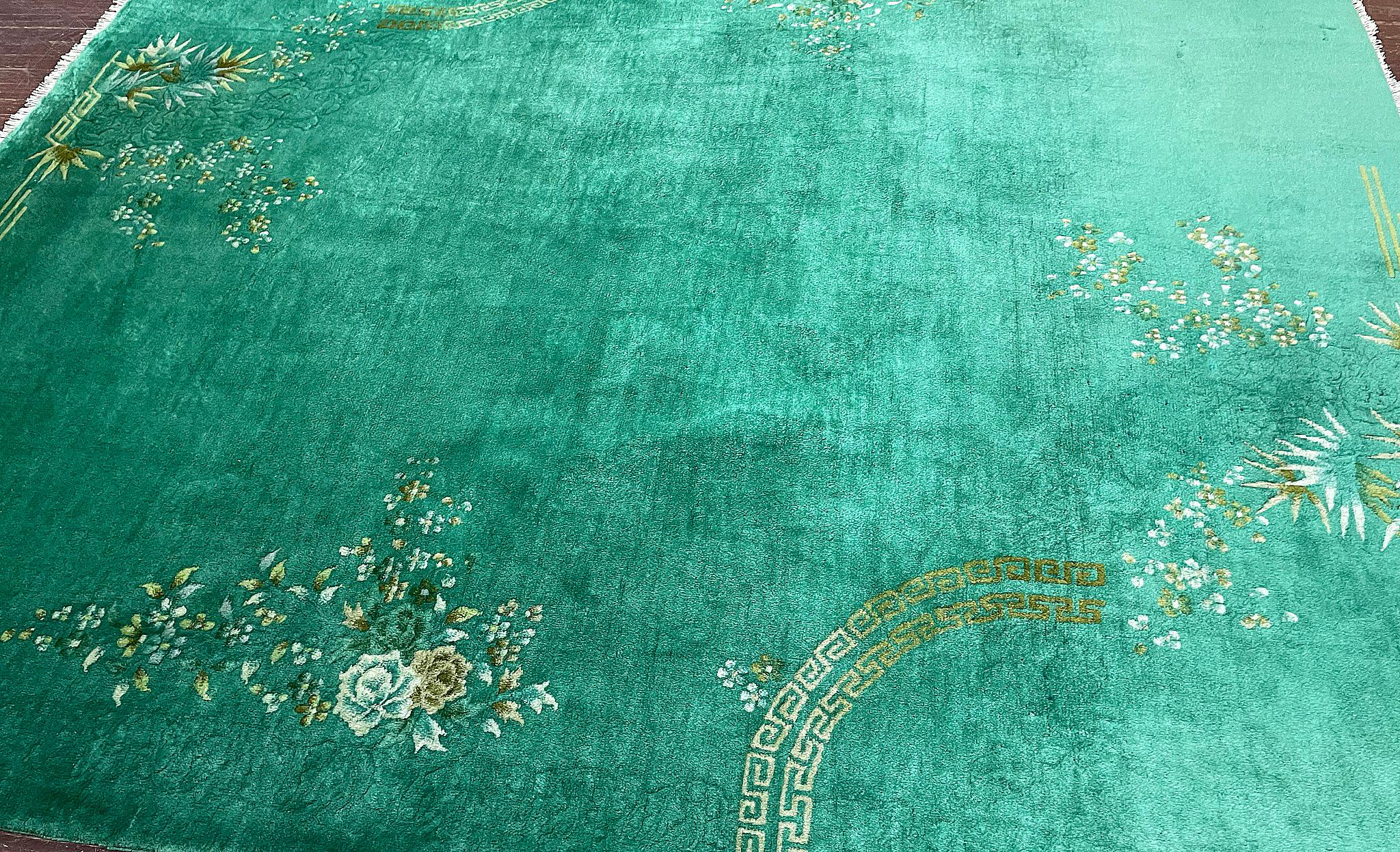 Tapis oriental chinois Art Déco ancien, vert 7'10