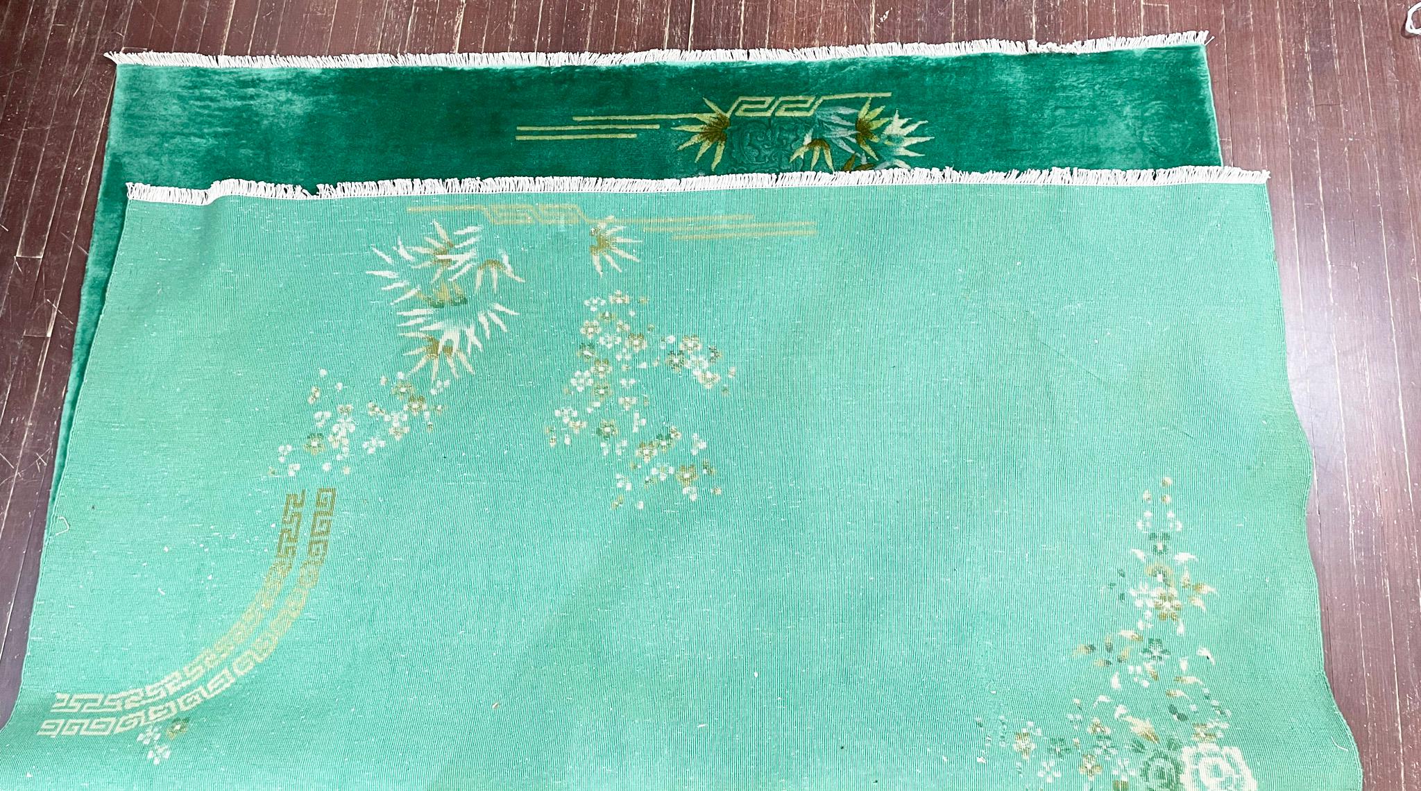 Tapis oriental chinois Art Déco ancien, vert 7'10