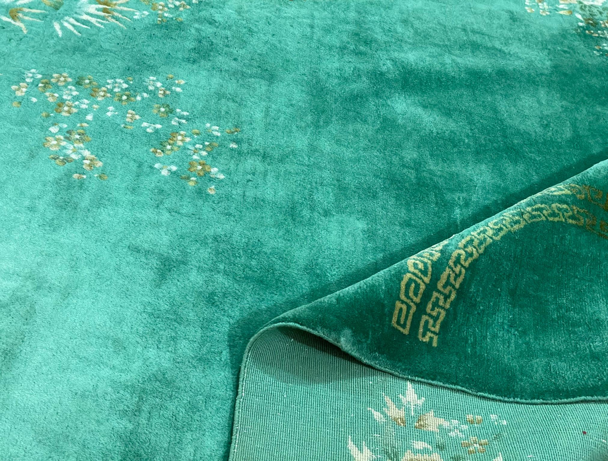 Art déco Tapis oriental chinois Art Déco ancien, vert 7'10