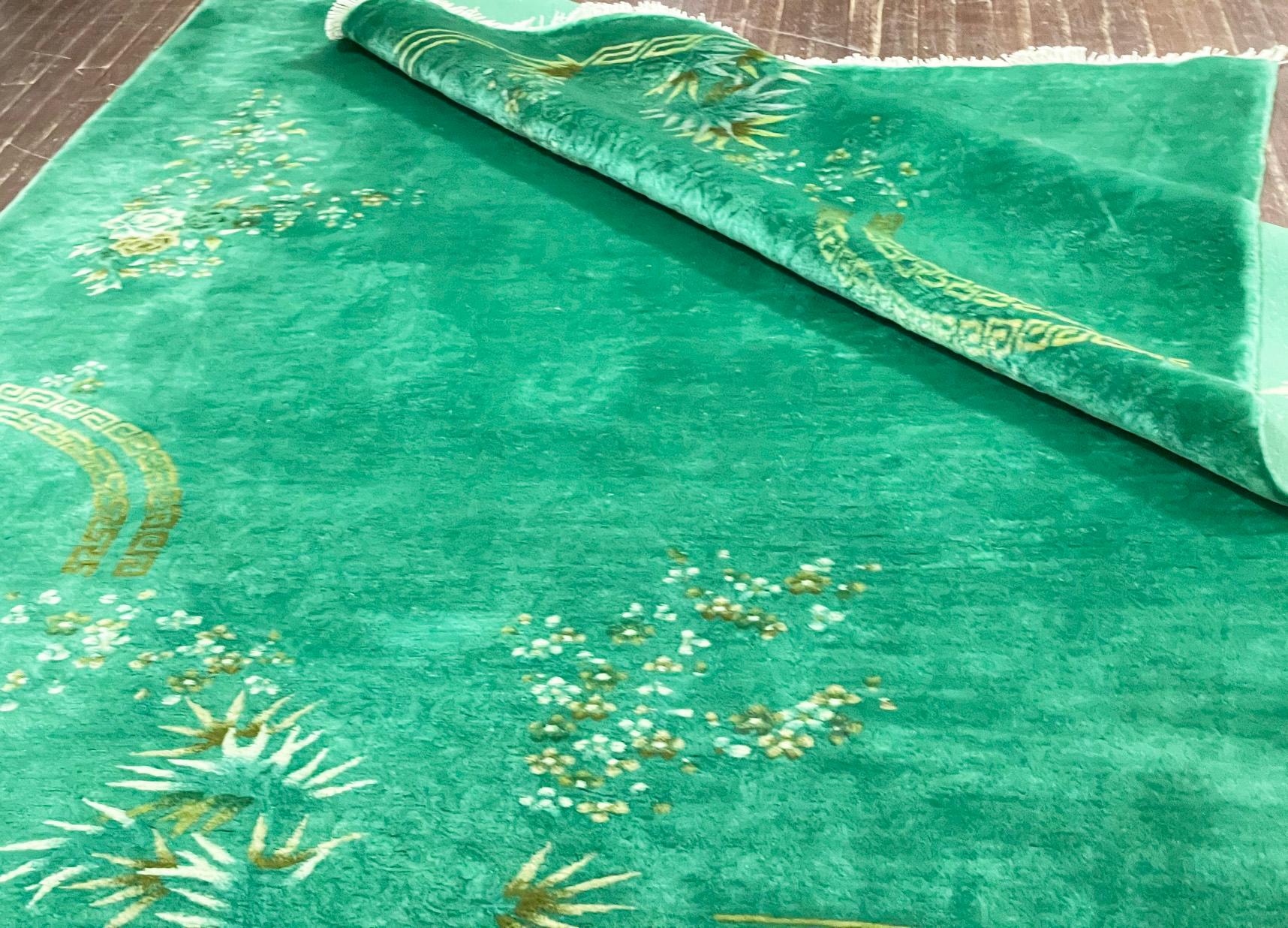 Chinois Tapis oriental chinois Art Déco ancien, vert 7'10
