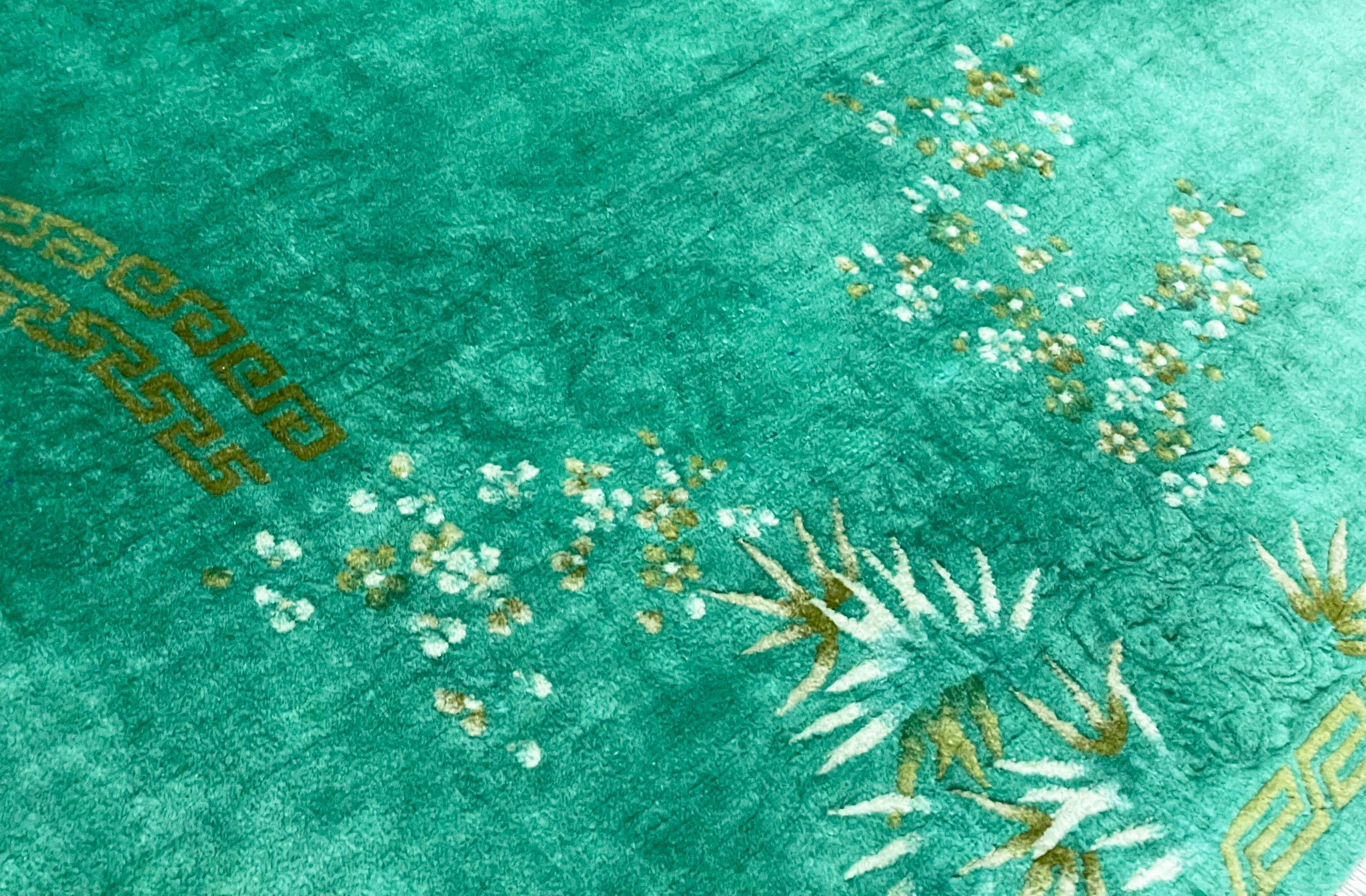 Noué à la main Tapis oriental chinois Art Déco ancien, vert 7'10