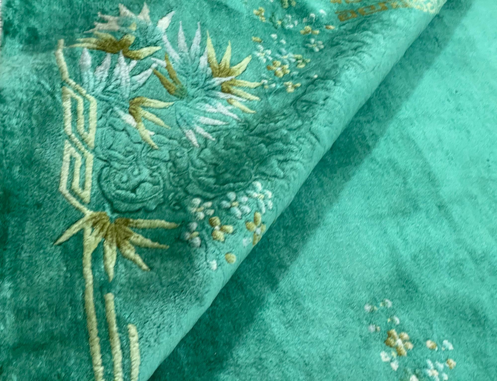 Tapis oriental chinois Art Déco ancien, vert 7'10