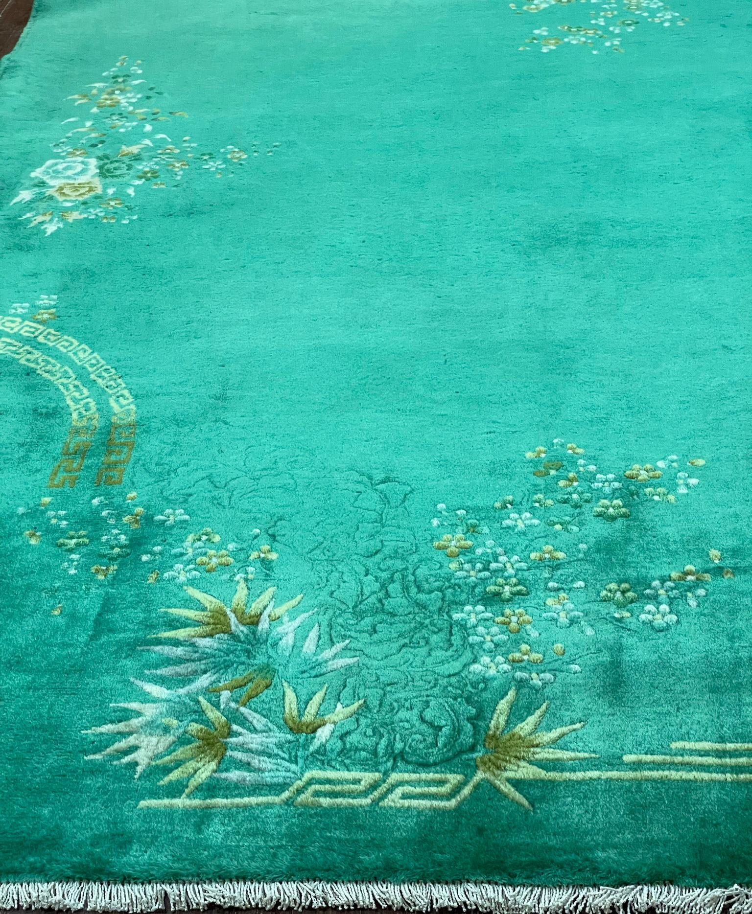 Laine Tapis oriental chinois Art Déco ancien, vert 7'10