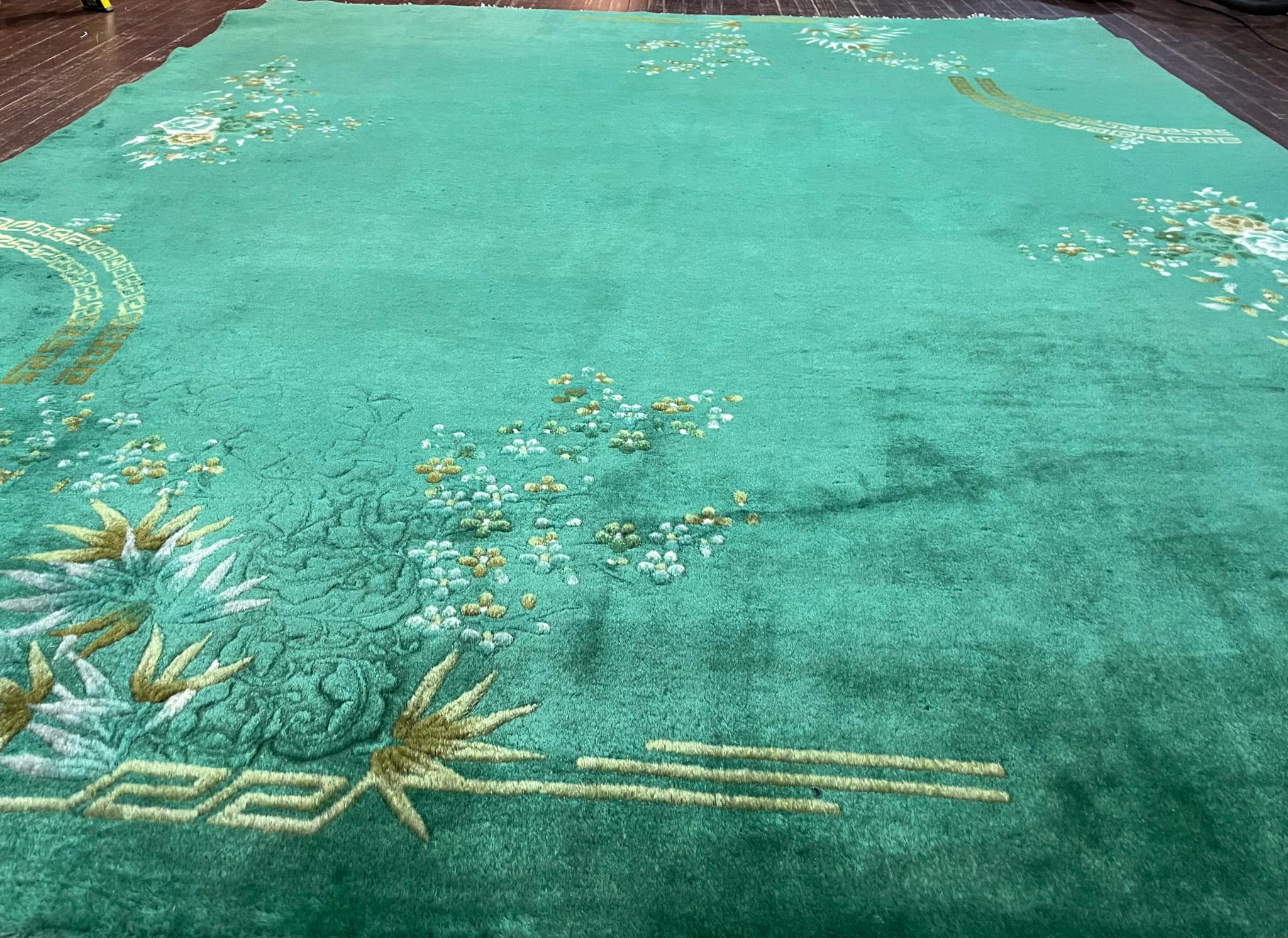 Tapis oriental chinois Art Déco ancien, vert 7'10