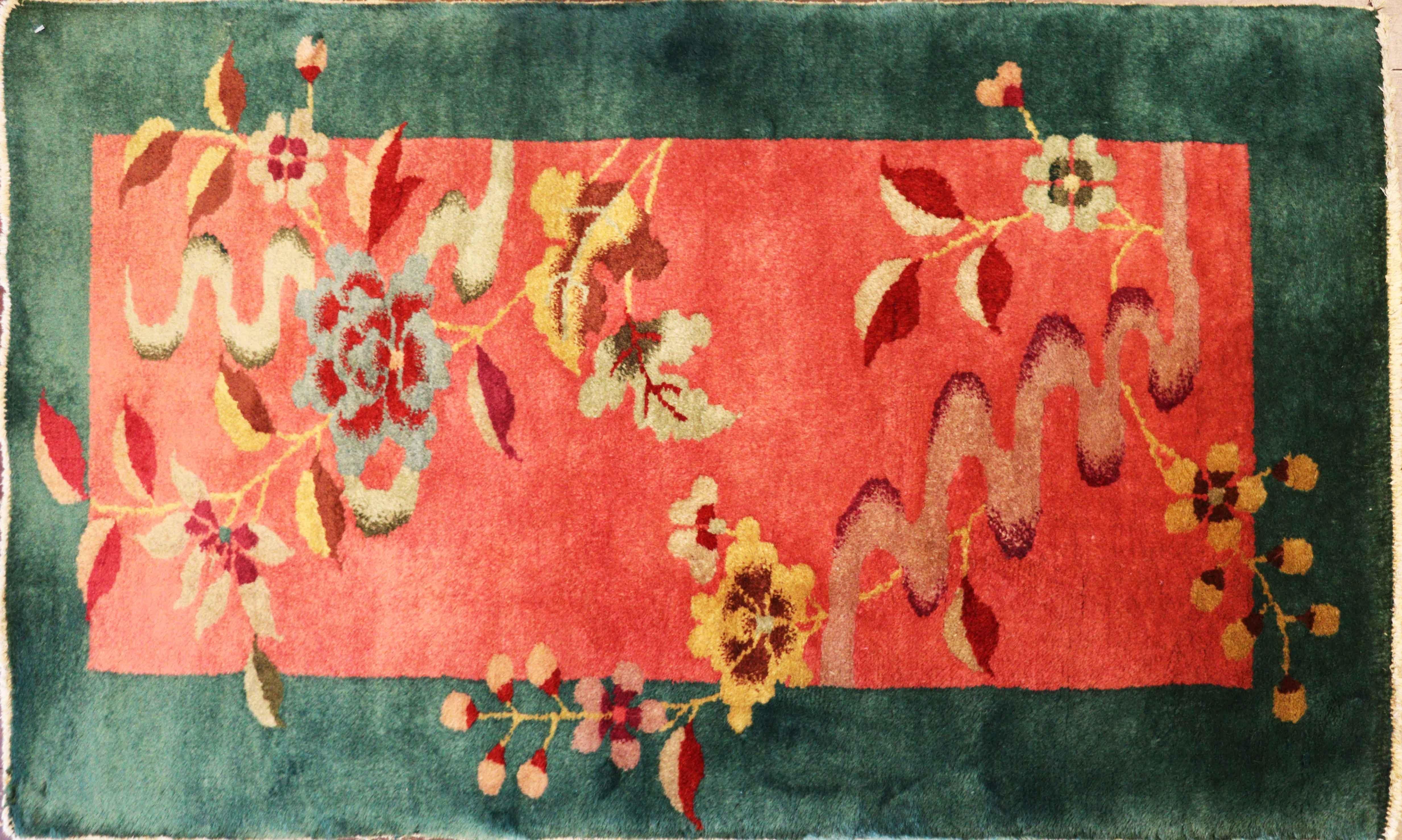 Antique handwoven Art Deco Chinese Oriental Rug, 2' x 3'9