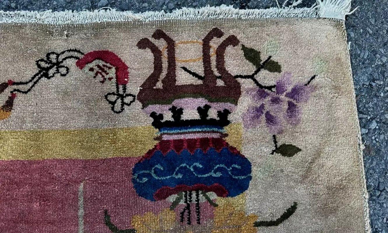 This is a great looking antique hand-made Art Deco Chinese rug in very good condition. Made with 100%  wool with nothing missing on the ends or on the two sides. This is a real ANTIQUE ESTATE RUG. And will looks great with Arts & Crafts style