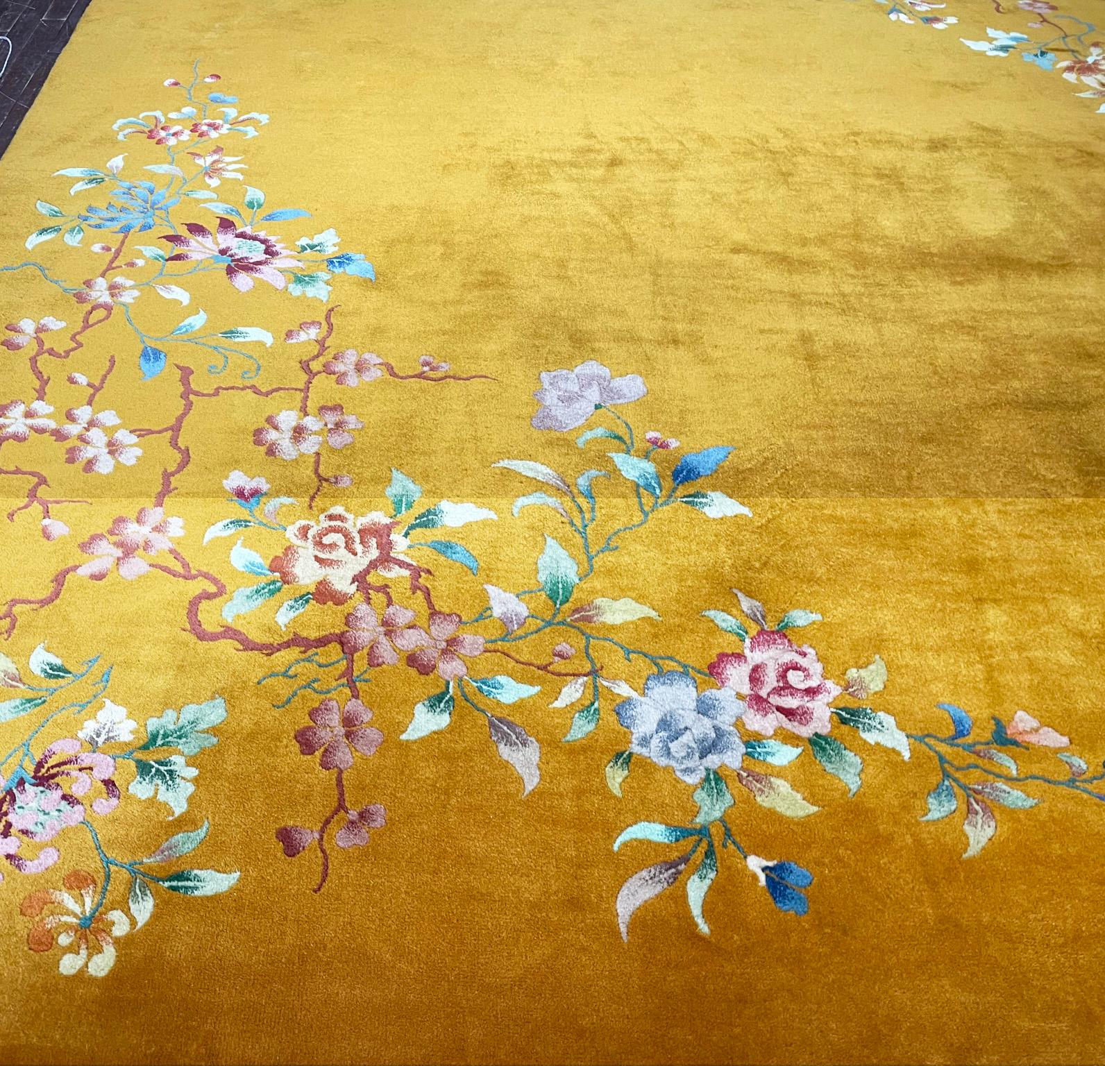 Hand-Knotted Antique Art Deco Chinese Oriental Rug, Gold, #17400, circa 1930s For Sale