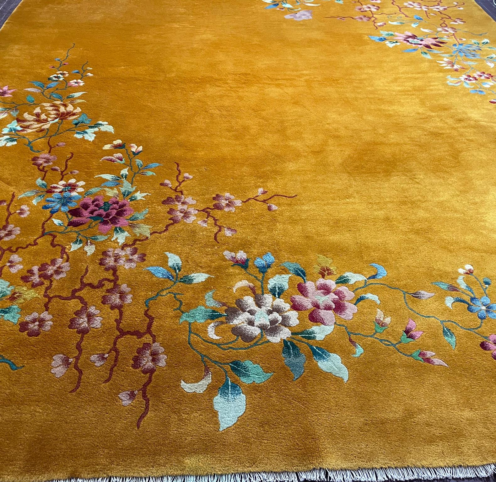 20th Century Antique Art Deco Chinese Oriental Rug, Gold, #17400, circa 1930s For Sale