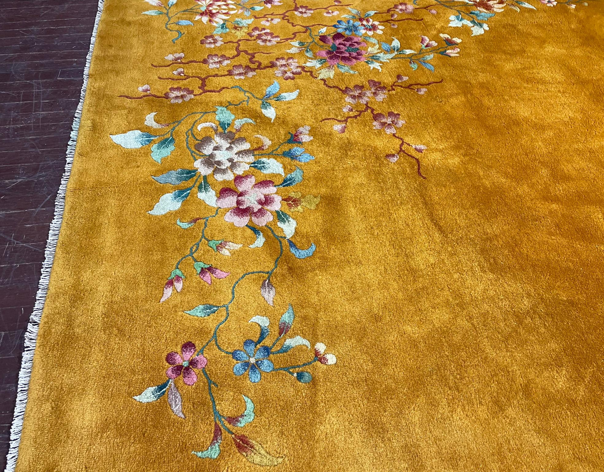 Wool Antique Art Deco Chinese Oriental Rug, Gold, #17400, circa 1930s For Sale