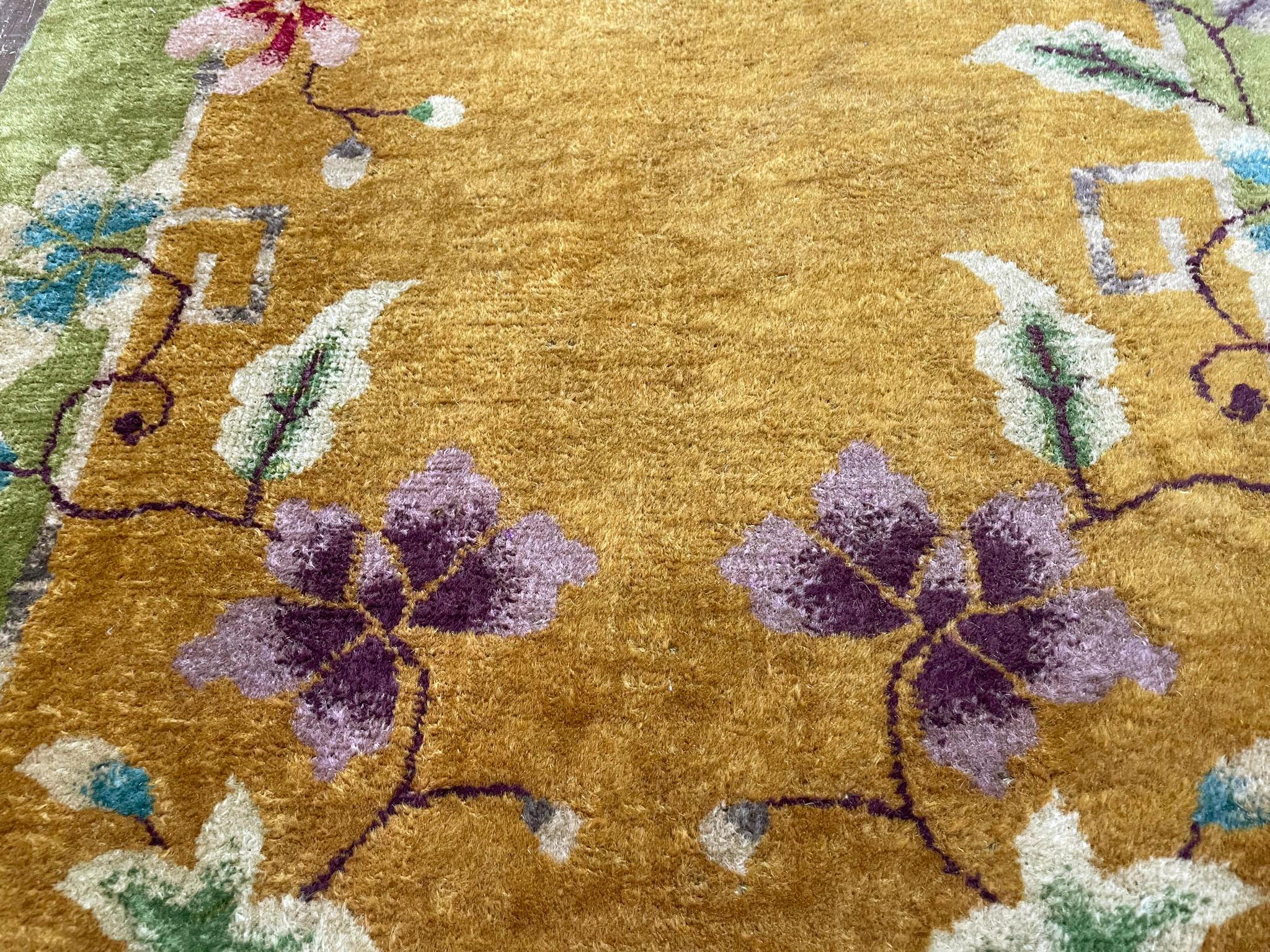 Hand-Woven Antique Art Deco Chinese Oriental Rug, Gold