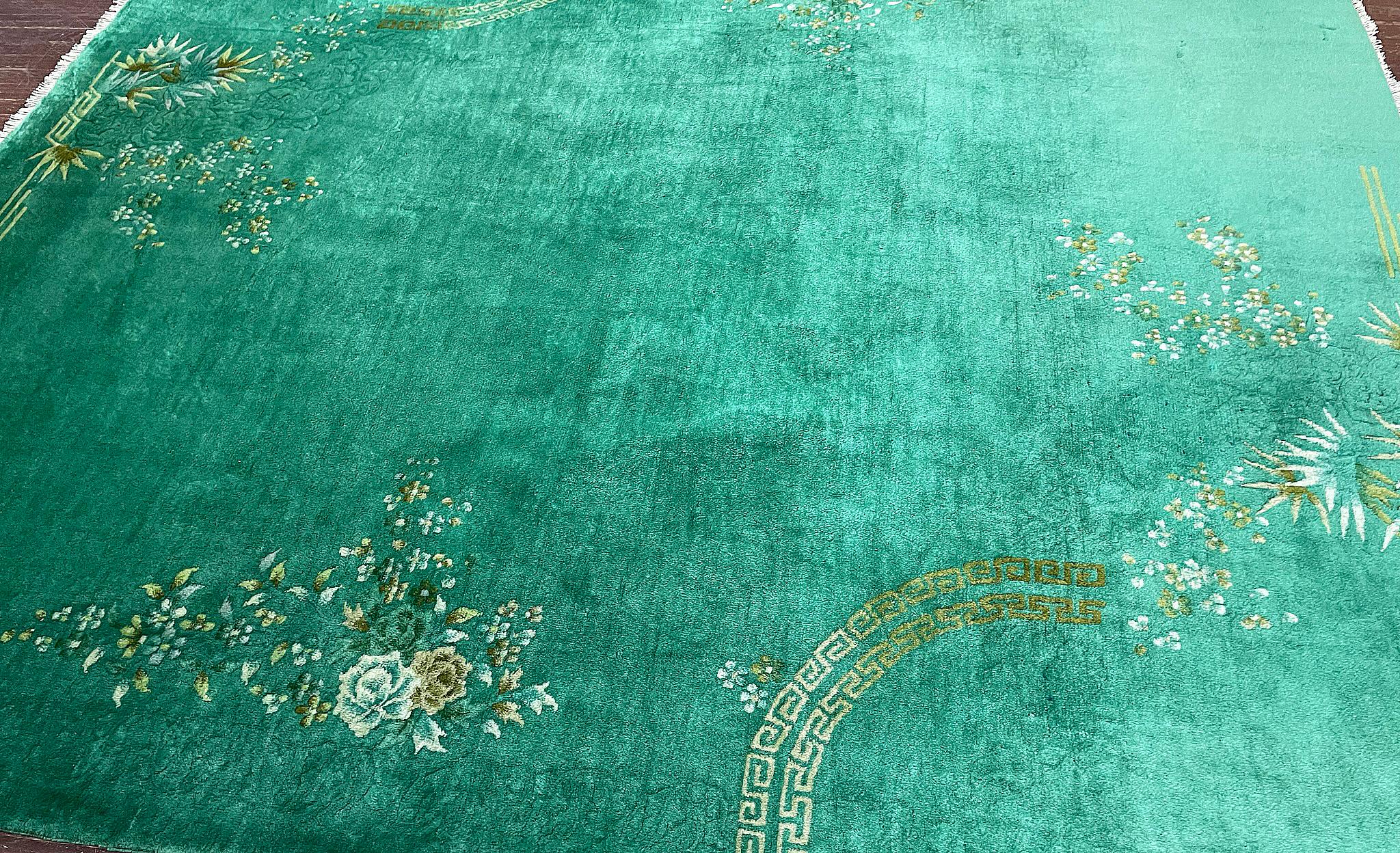 Antique Art Deco Chinese Oriental Rug, Green  For Sale 3