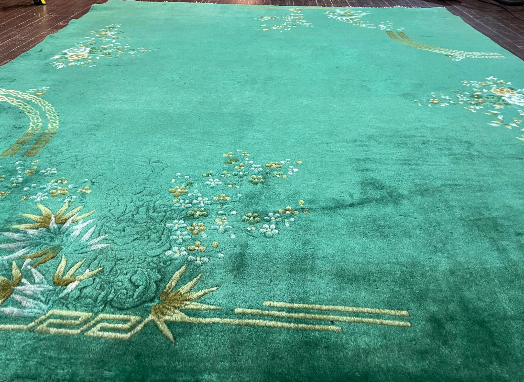 Wool Antique Art Deco Chinese Oriental Rug, Green  For Sale