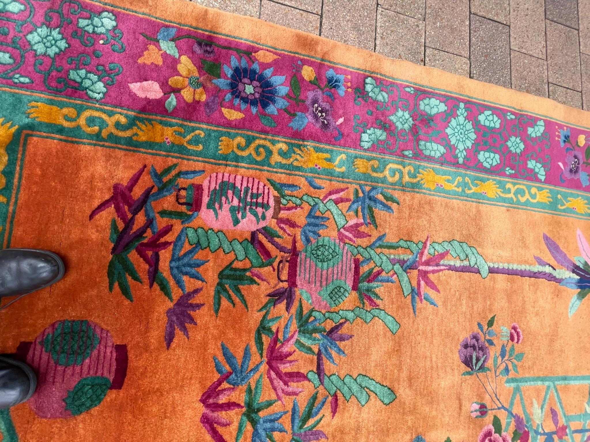 Hand-Knotted Antique Art Deco Chinese Oriental Rug, wonderful Gold 8'9