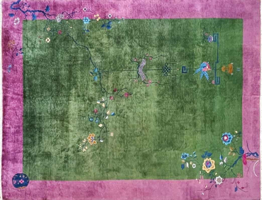 Antigua alfombra oriental china Art Decó, verde maravilloso en venta 3