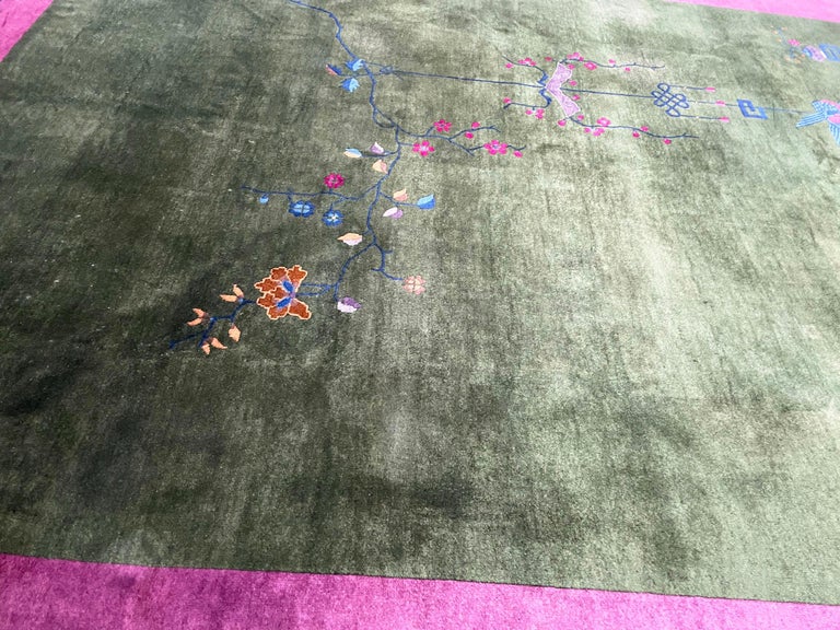 Antique Art Deco Chinese Oriental Rug, Wonderful Green For Sale at 1stDibs