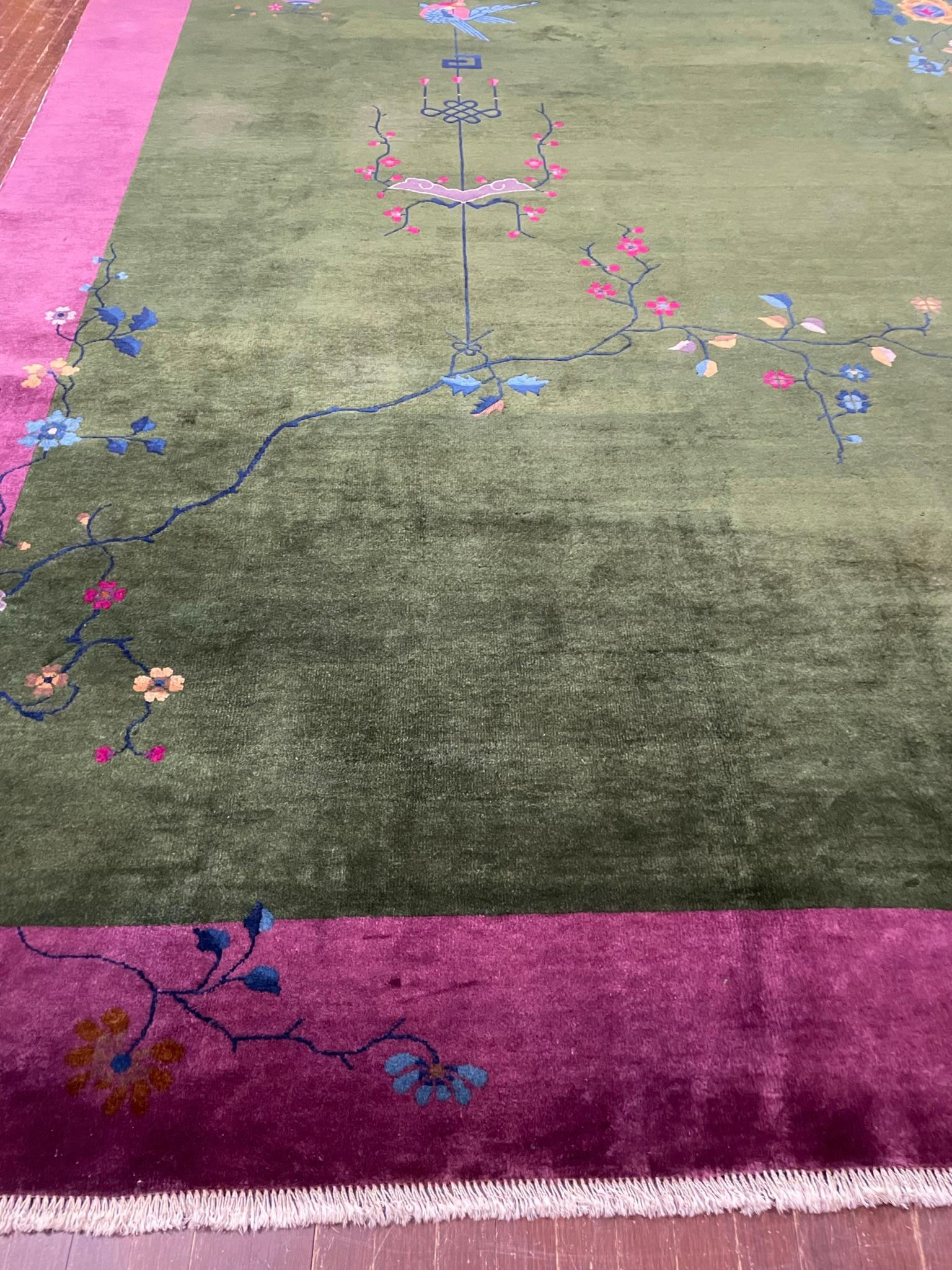 Antigua alfombra oriental china Art Decó, verde maravilloso siglo XX en venta