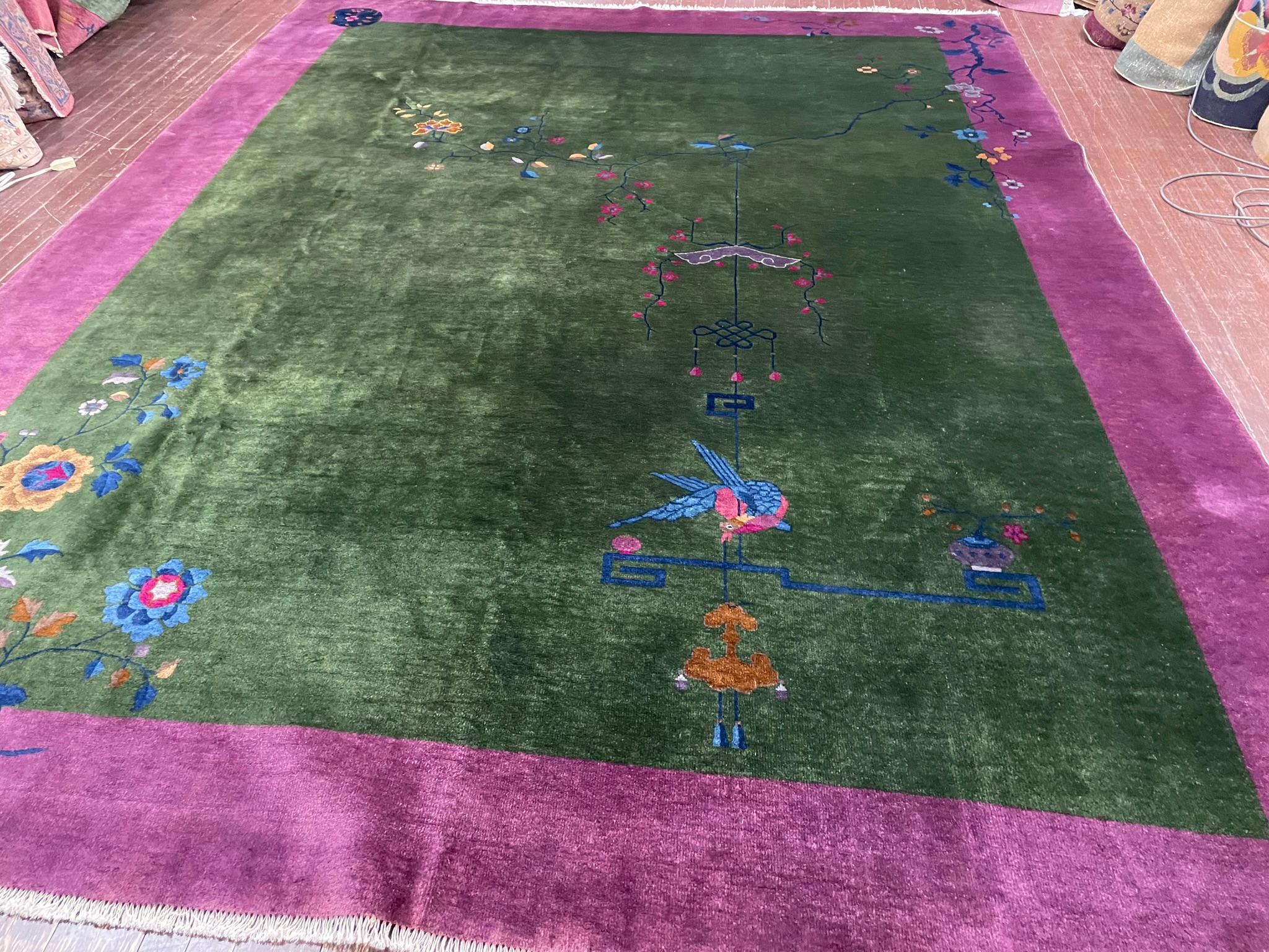 Antigua alfombra oriental china Art Decó, verde maravilloso en venta 2
