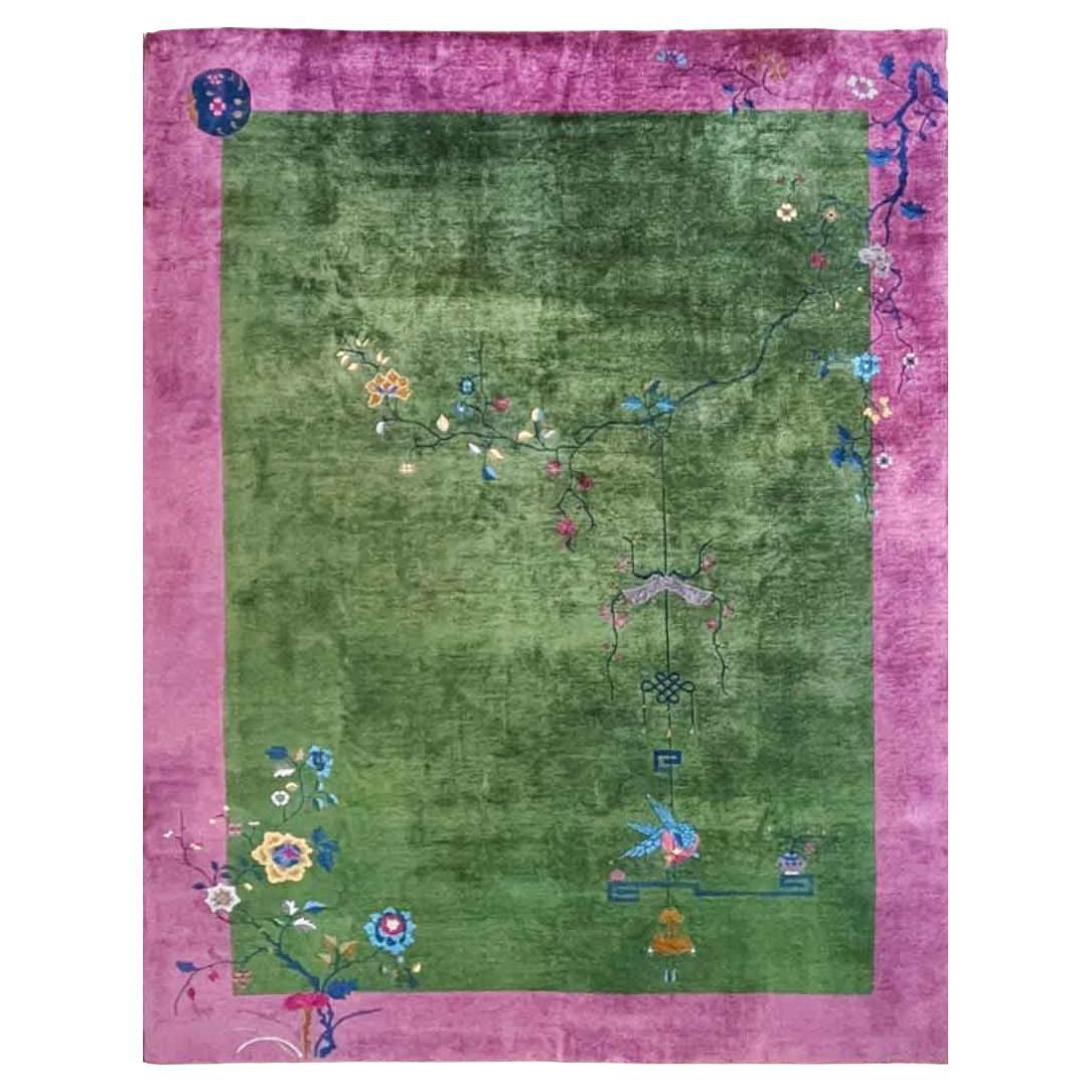 Tapis chinois oriental Art Déco ancien, merveilleux vert