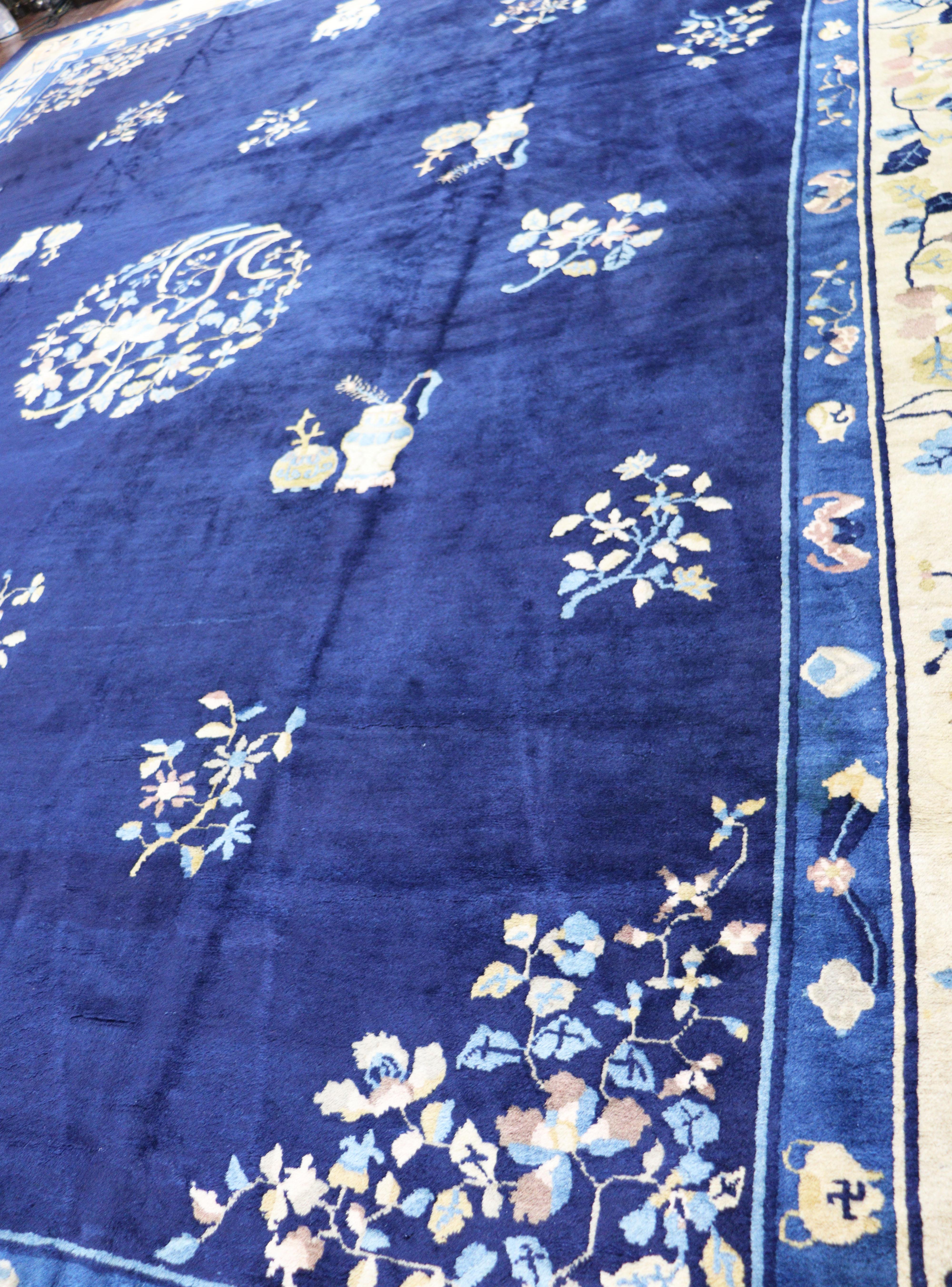 Wool Antique Art Deco Chinese Peking Carpet, Early 20th Century 12'1