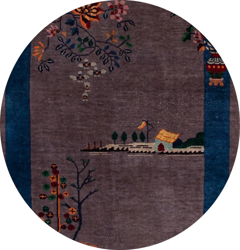 Beautiful antique Chinese Art Deco Peking hand-knotted wool rug with a gray field, the frame of navy blue. This rug has multicolor accents in a subtle all-over Classic Chinese art motif design.

This rug measures: 4'1