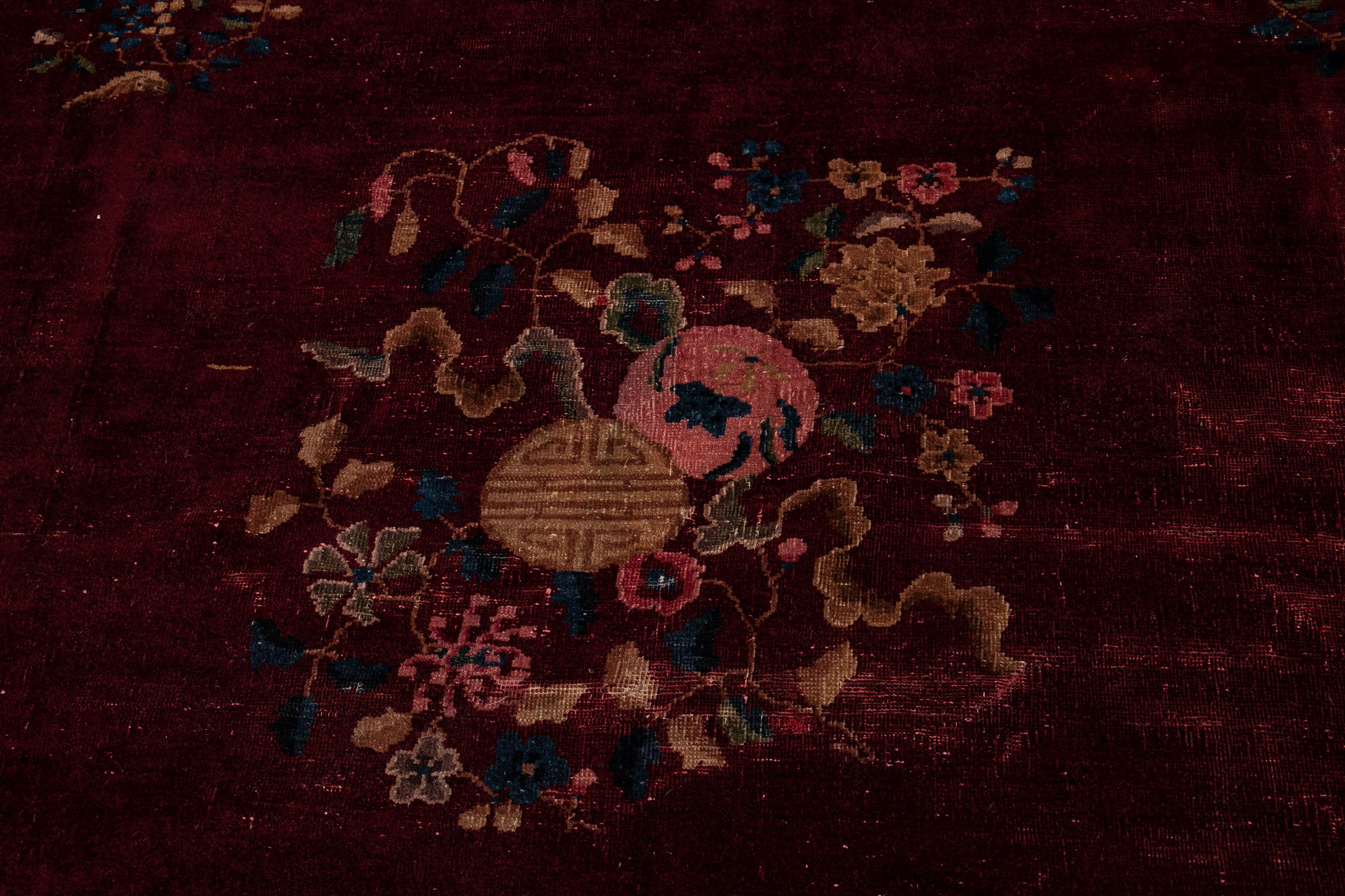 Antique Art Deco Chinese Red Wool Rug 7