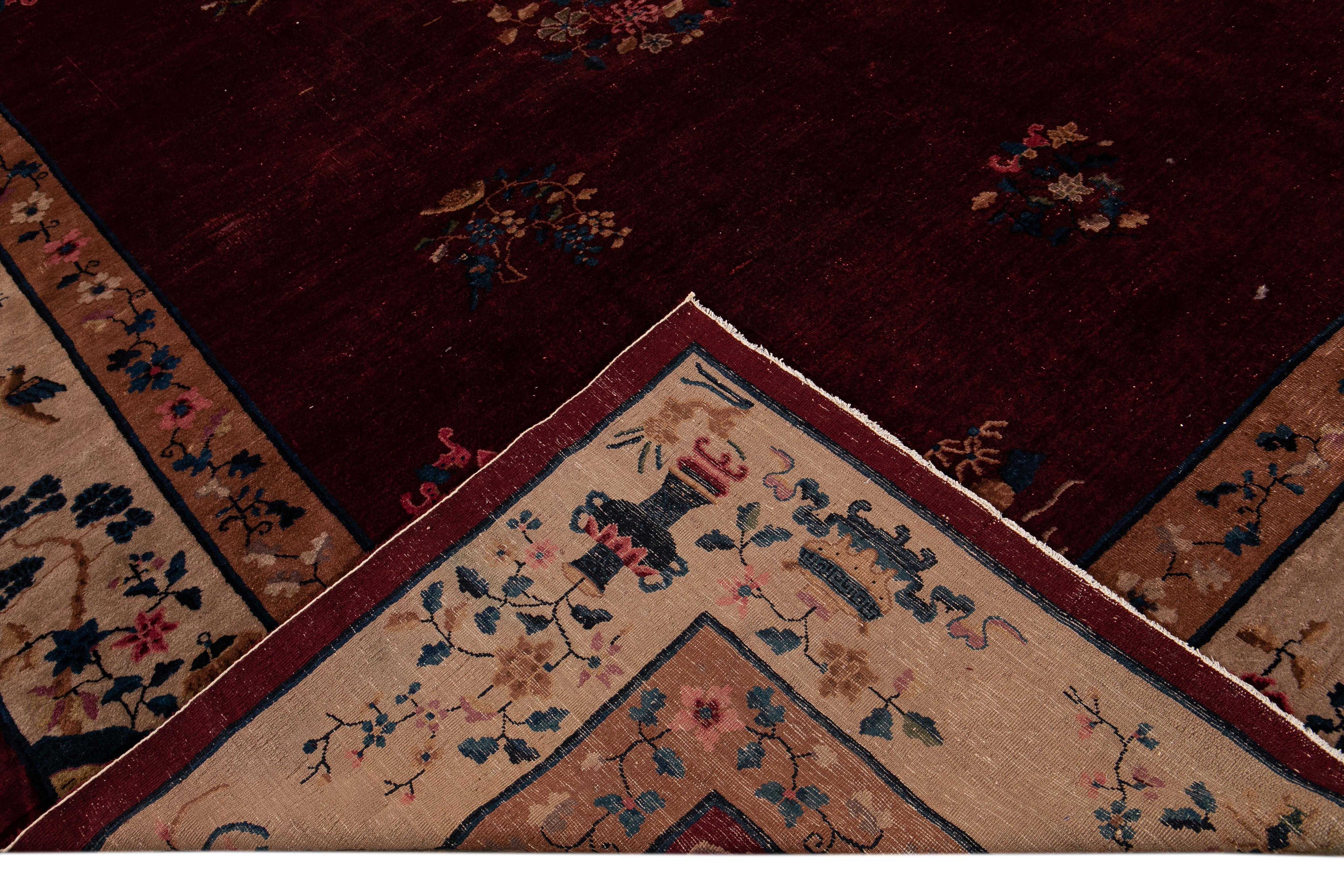 Hand-Knotted Antique Art Deco Chinese Red Wool Rug