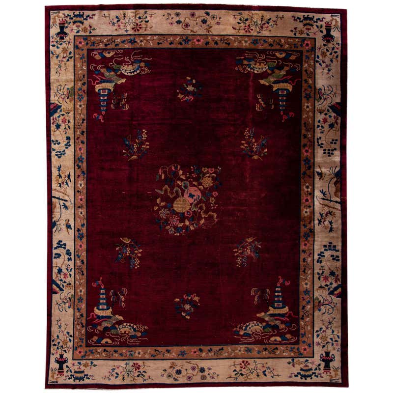 Antique Art Deco Chinese Red Wool Rug For Sale at 1stDibs