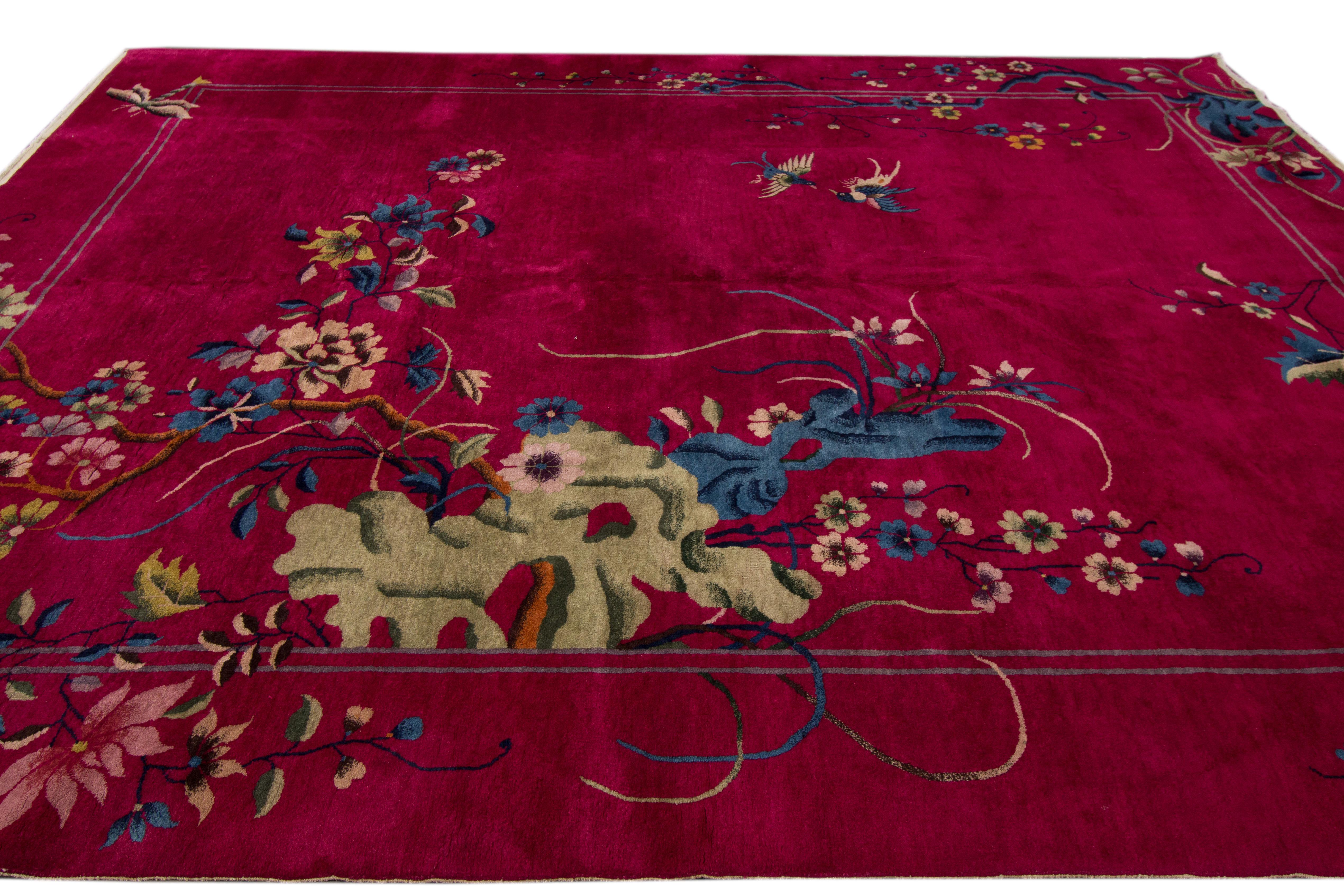 Hand-Knotted Antique Art Deco Chinese Red Wool Rug For Sale