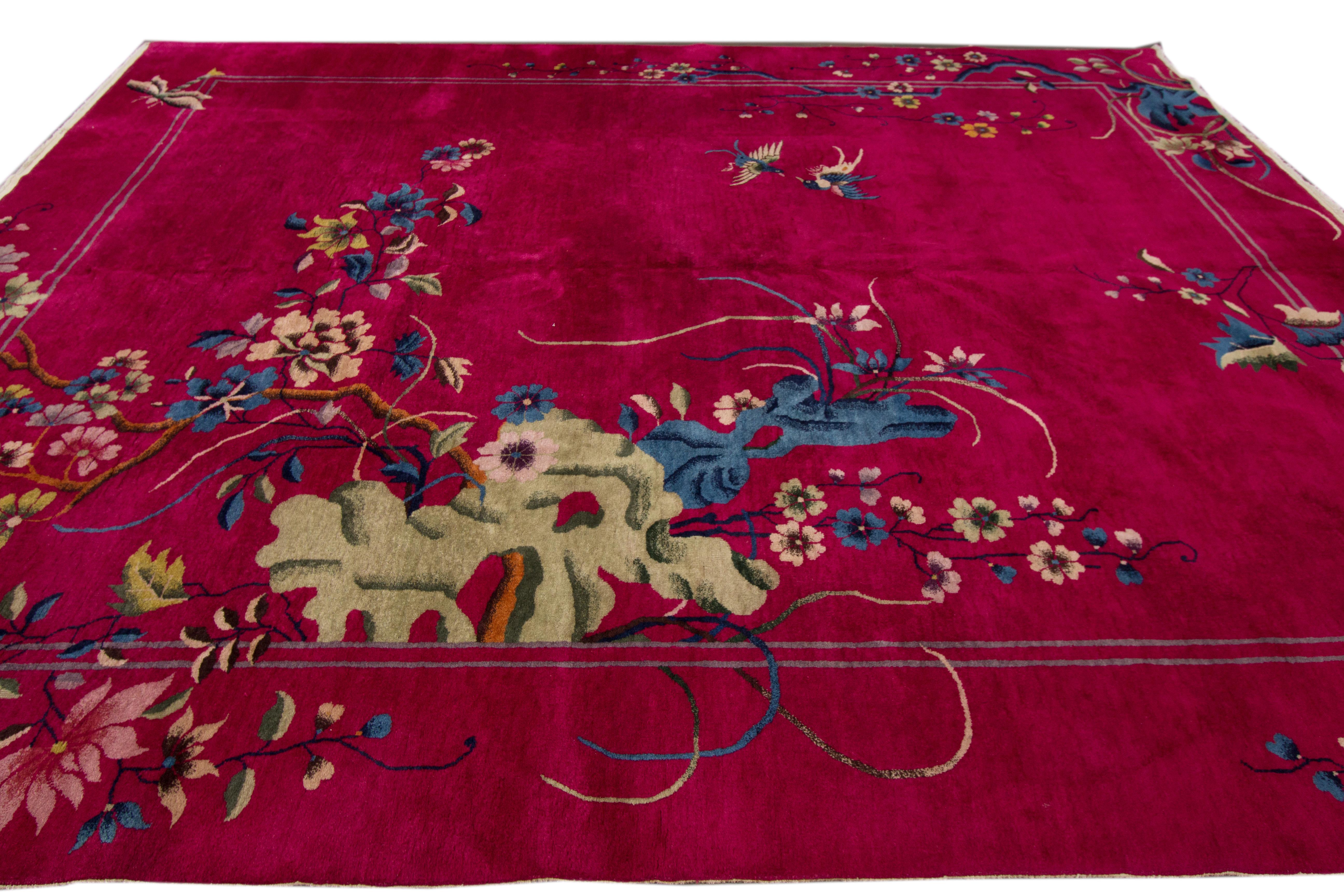 Antique Art Deco Chinese Red Wool Rug For Sale 2