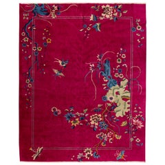 Tapis chinois ancien Art Déco en laine rouge