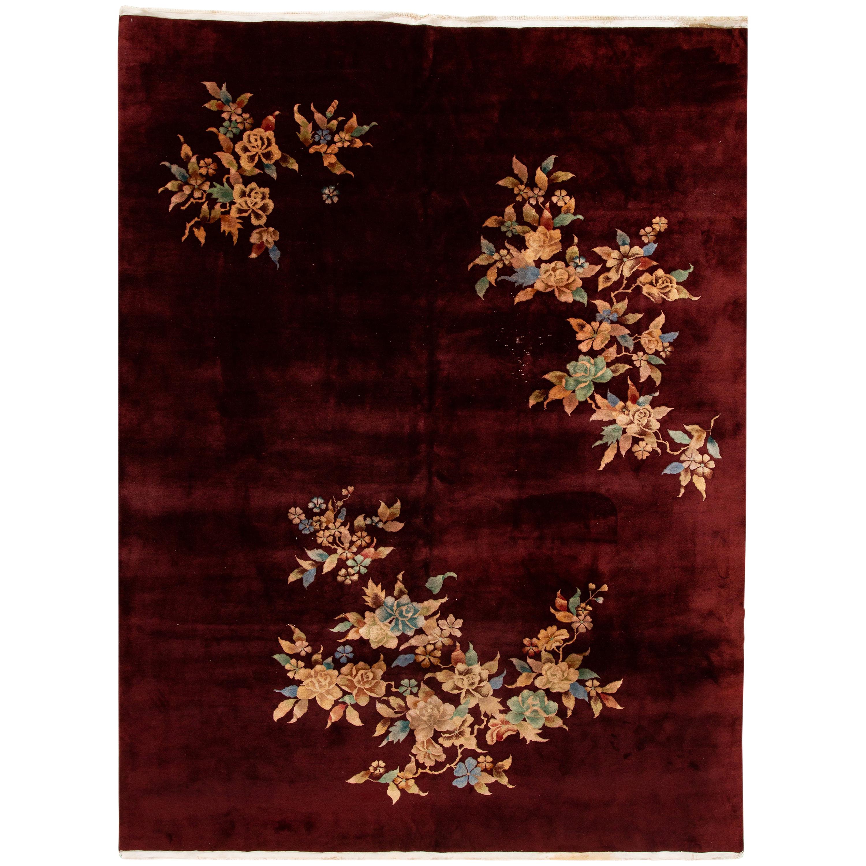 Antique Art Deco Chinese Red Wool Rug For Sale