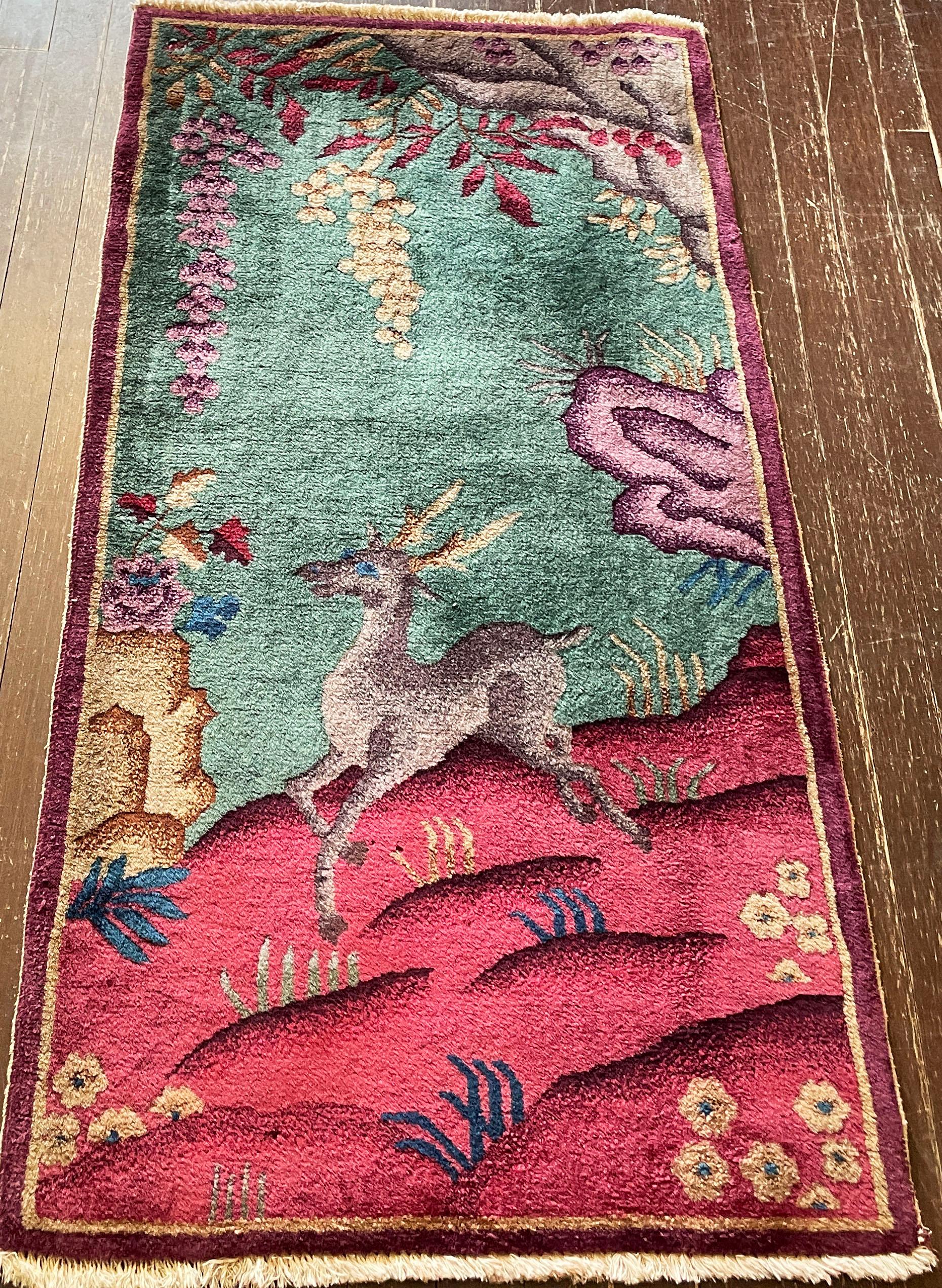 Antique Art Deco Chinese Rug, 2' x 4' c-1920, A Happy Dear. For Sale 4
