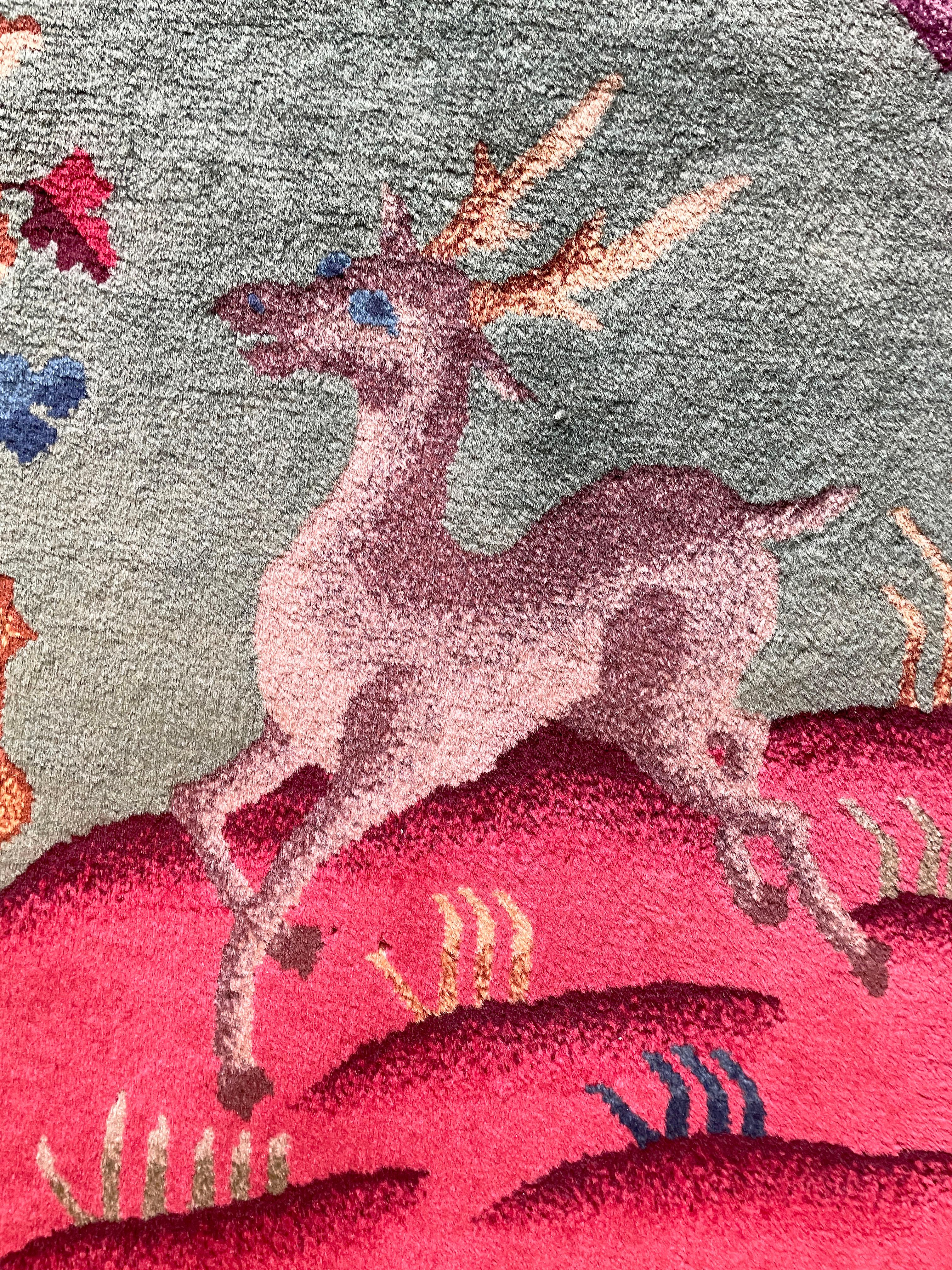 Introducing our splendid of Imperial garden Chinese art deco rug, where artistry intertwines with symbolism. The enchanting jade multi color field hosts a majestic garden of Life and a happy dear, where flowers are embracing  in harmony. Amidst the