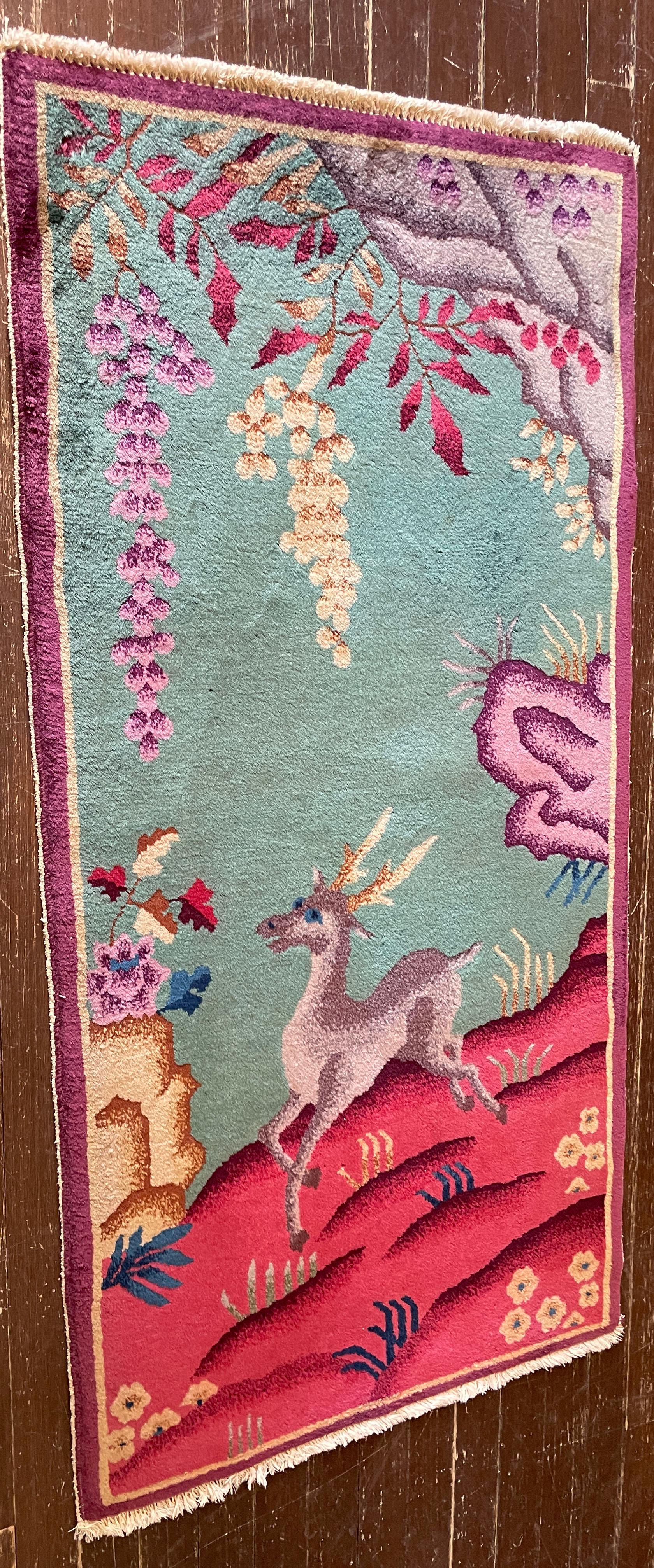 Antique Art Deco Chinese Rug, 2' x 4' c-1920, A Happy Dear. In Excellent Condition For Sale In Evanston, IL