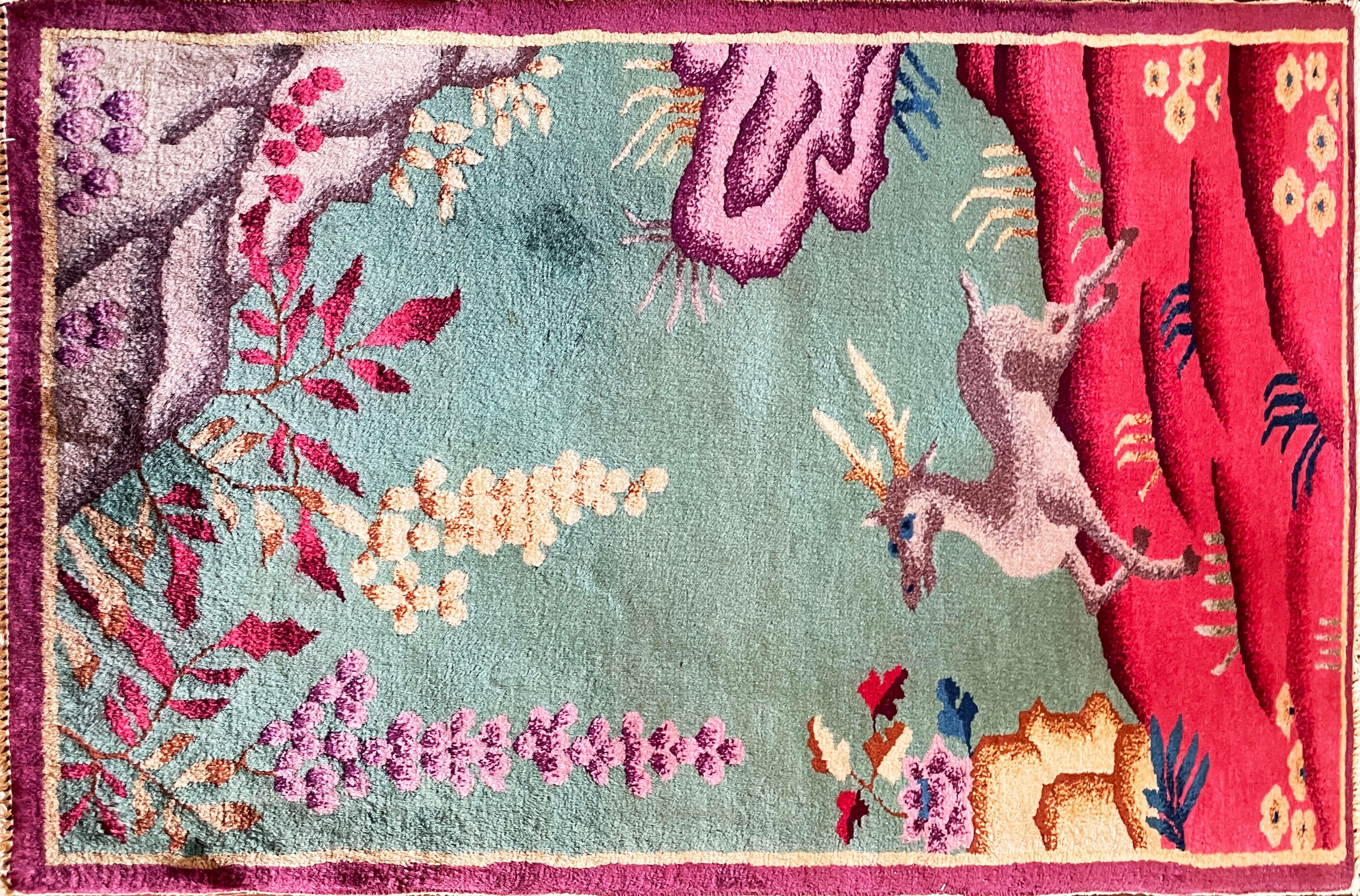 20th Century Antique Art Deco Chinese Rug, 2' x 4' c-1920, A Happy Dear. For Sale