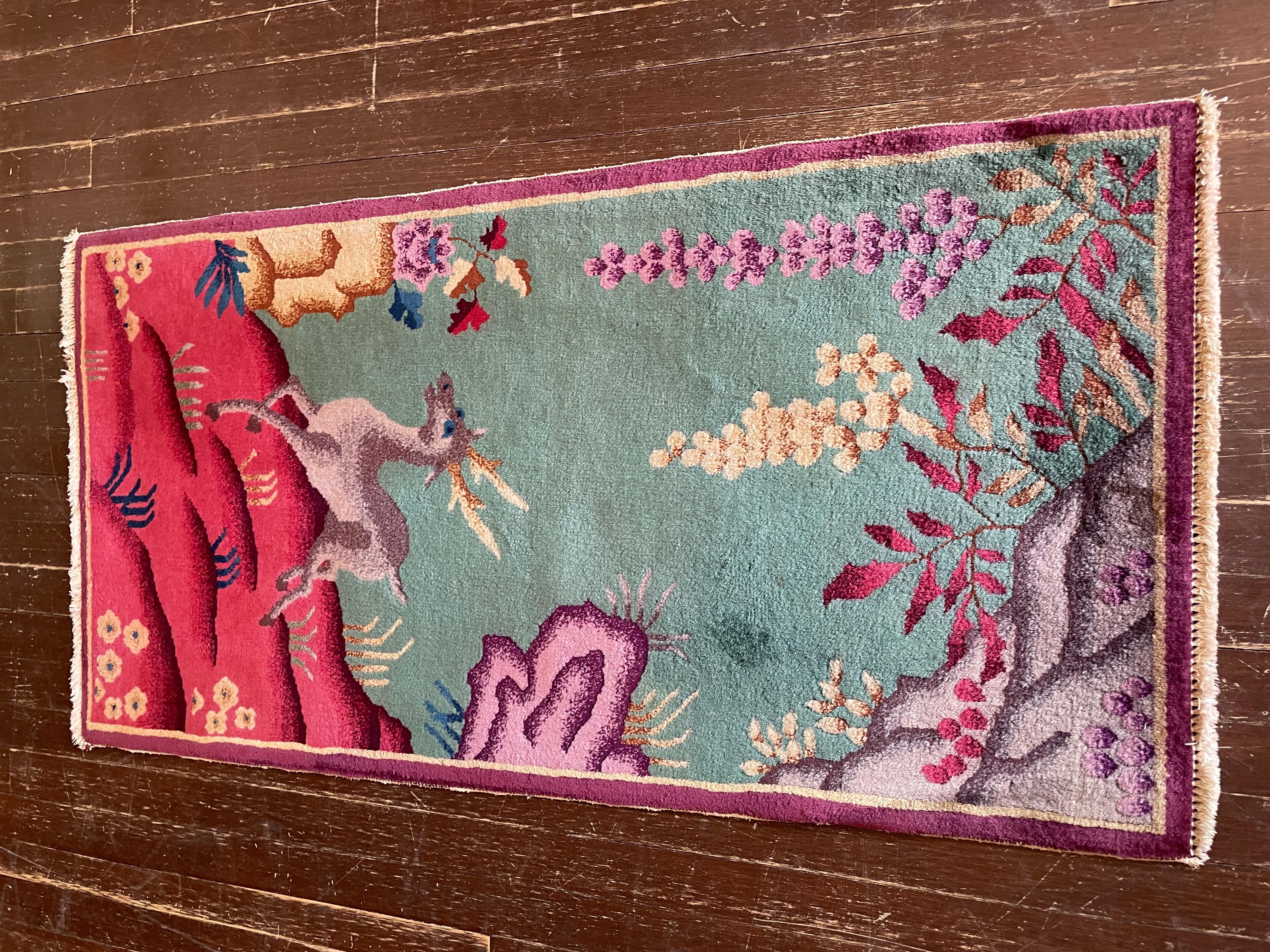 Wool Antique Art Deco Chinese Rug, 2' x 4' c-1920, A Happy Dear. For Sale