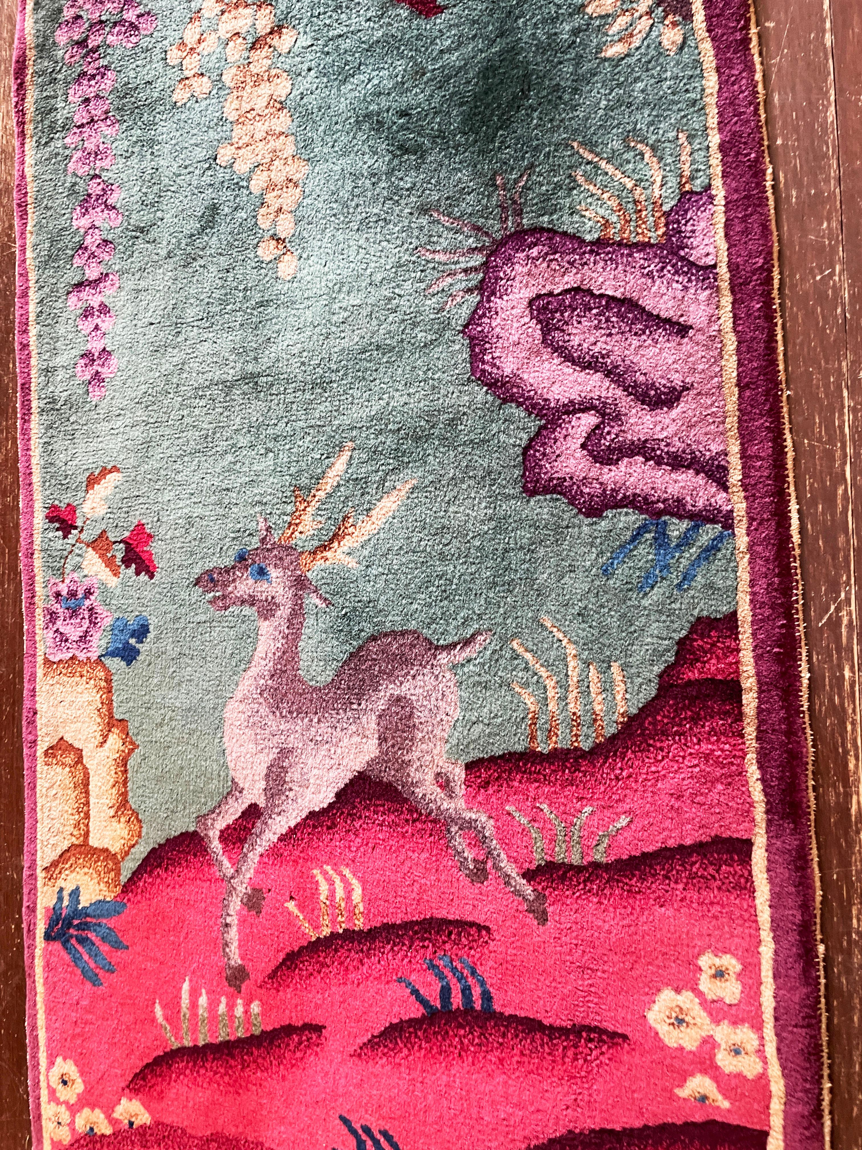 Antique Art Deco Chinese Rug, 2' x 4' c-1920, A Happy Dear. For Sale 1