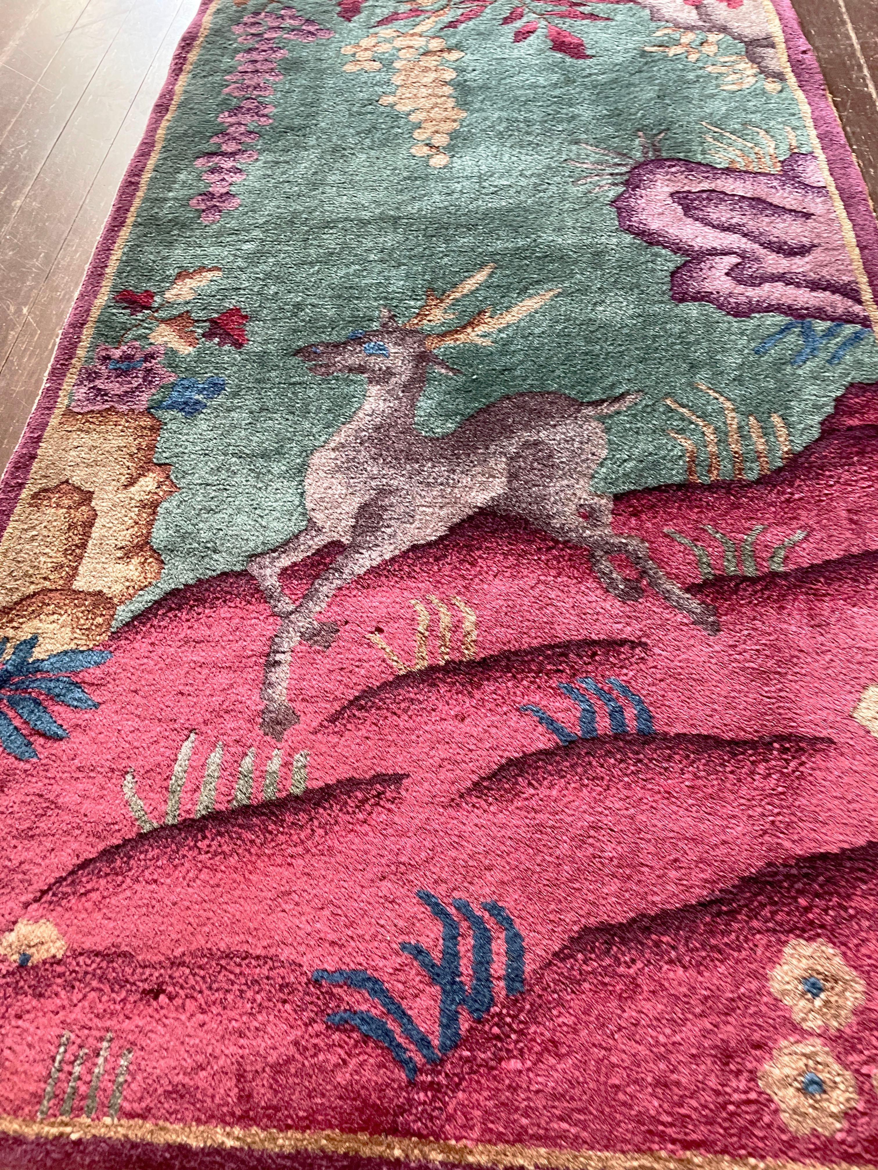 Antique Art Deco Chinese Rug, 2' x 4' c-1920, A Happy Dear. For Sale 3
