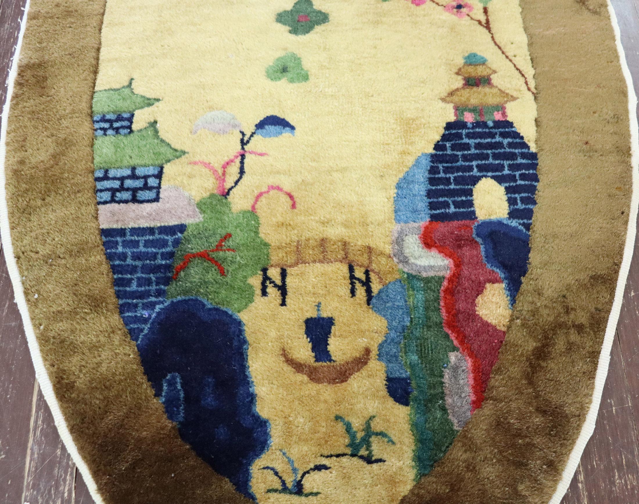 Hand-Knotted Antique Art Deco Chinese Rug Oval, Bridge to Pagoda For Sale