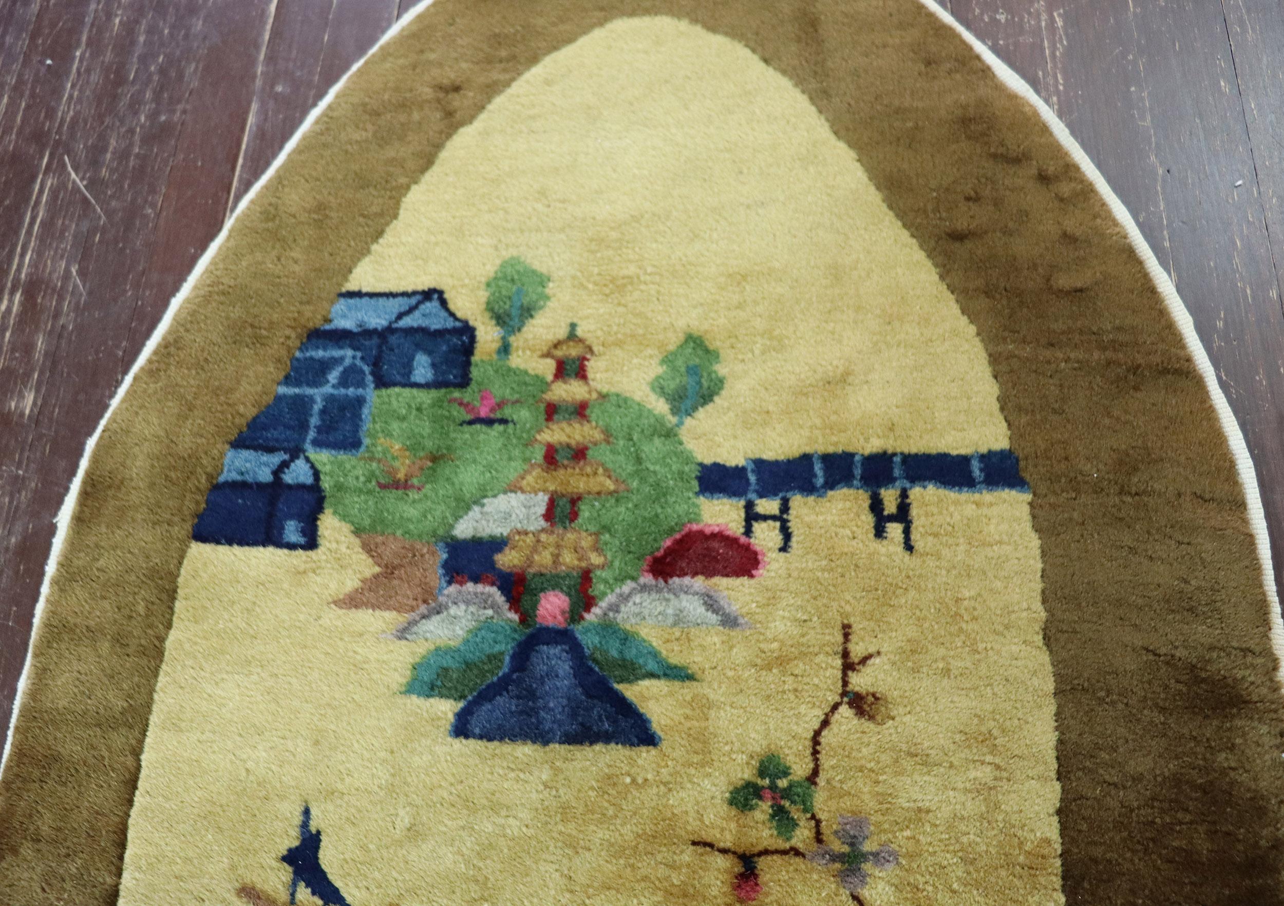 Antique Art Deco Chinese Rug Oval, Bridge to Pagoda In Excellent Condition For Sale In Evanston, IL