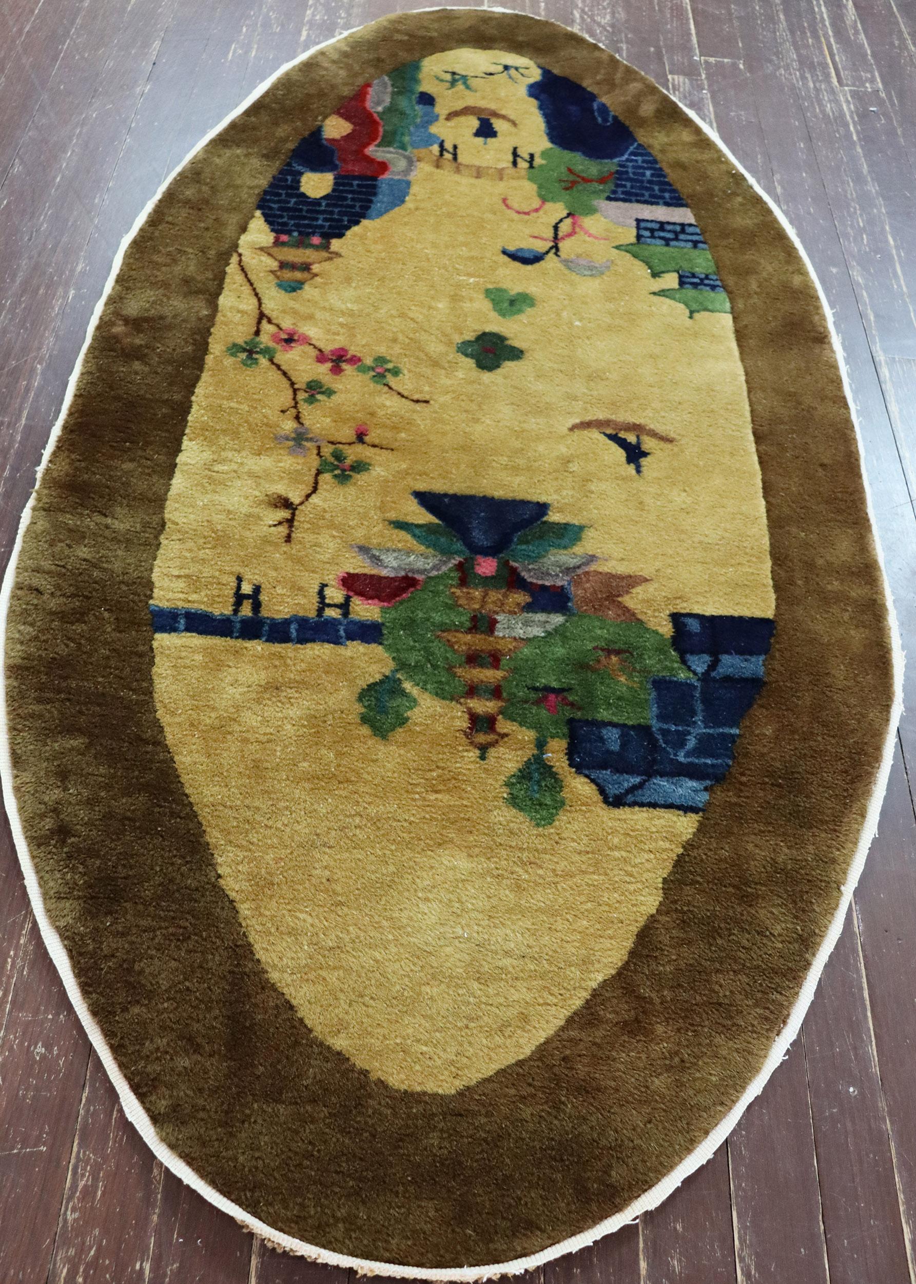Antique Art Deco Chinese Rug Oval, Bridge to Pagoda For Sale 2