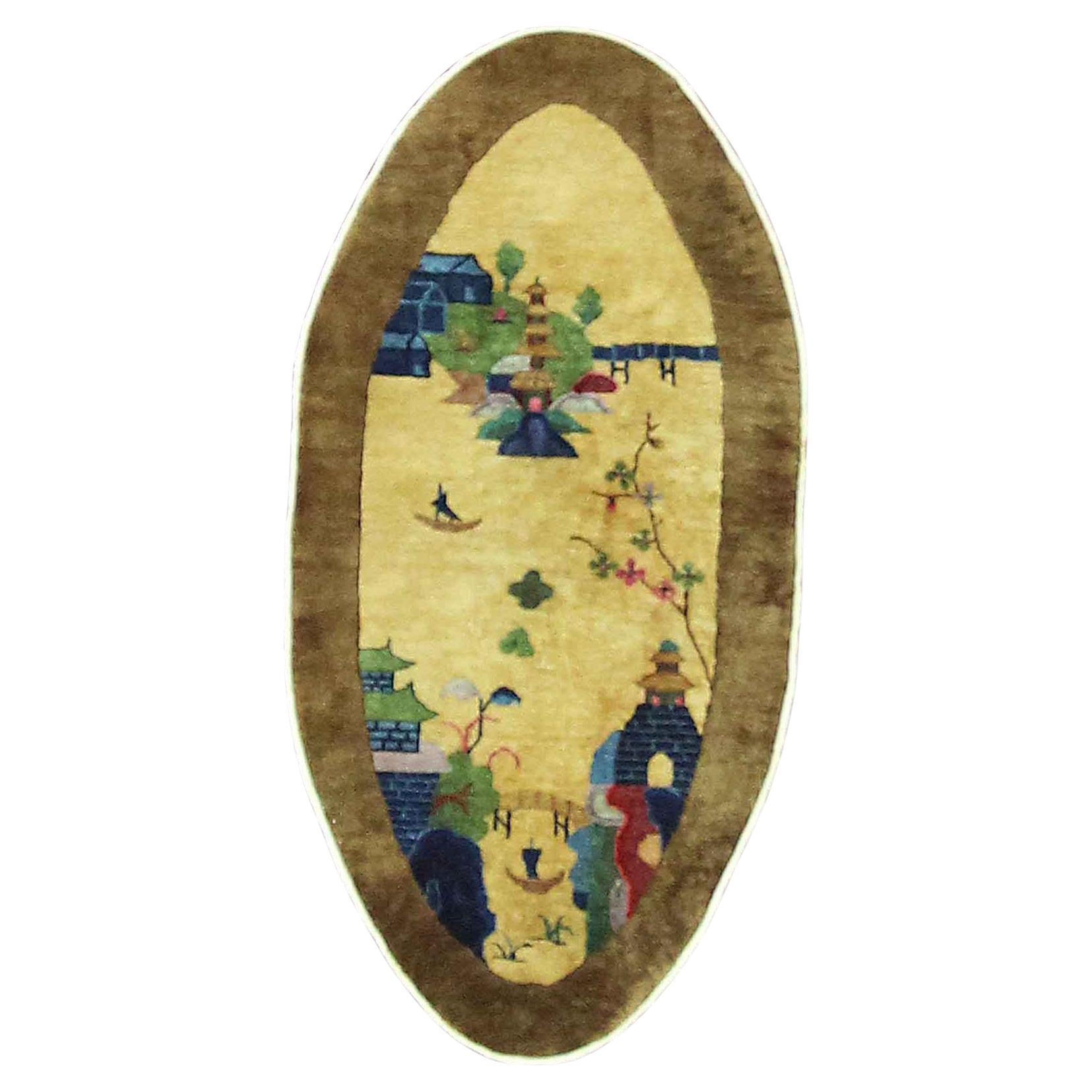 Antique Art Deco Chinese Rug Oval, Bridge to Pagoda For Sale